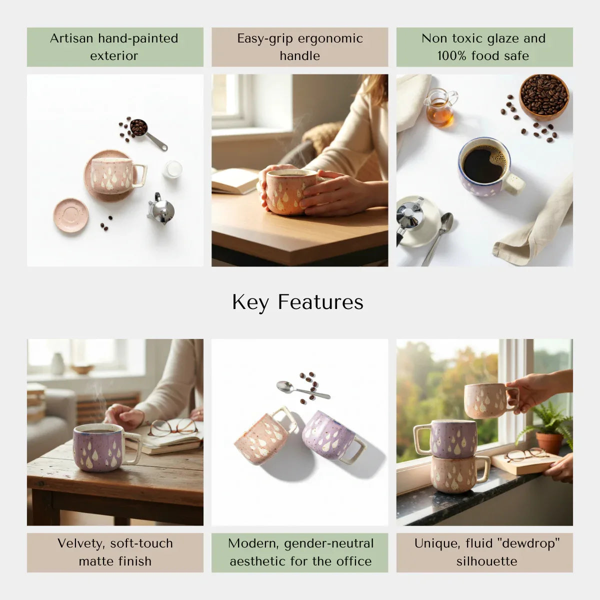 Product utility icons; showing the mug is microwave safe, dishwasher safe, and has a non-toxic glaze.