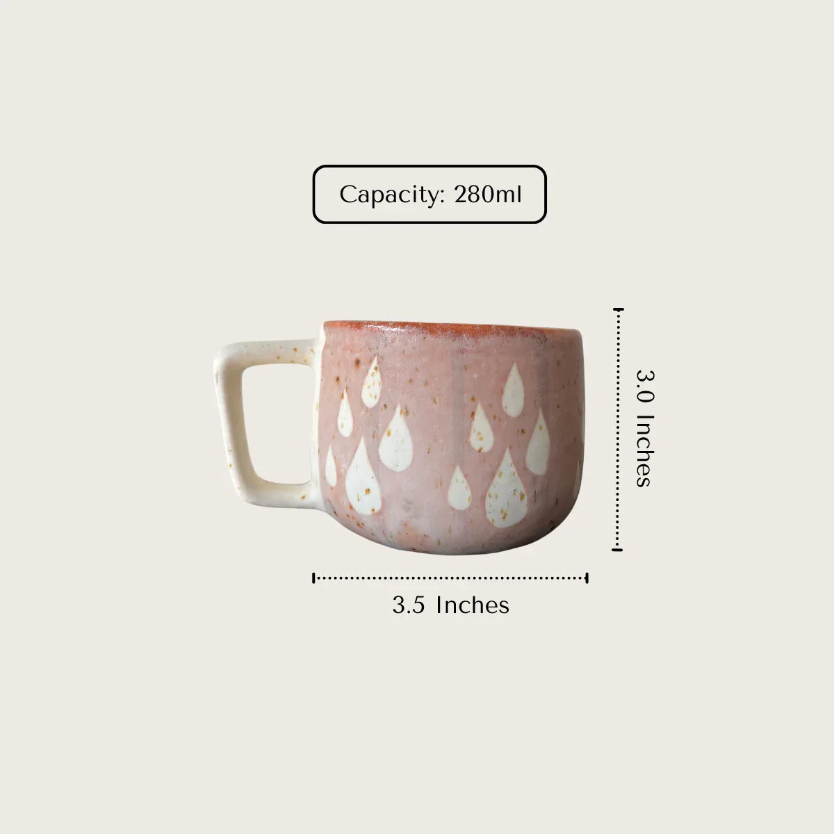 Dewdrop Mug dimensions; 3.5-inch diameter and 3-inch height with a 280ml capacity for coffee or tea.