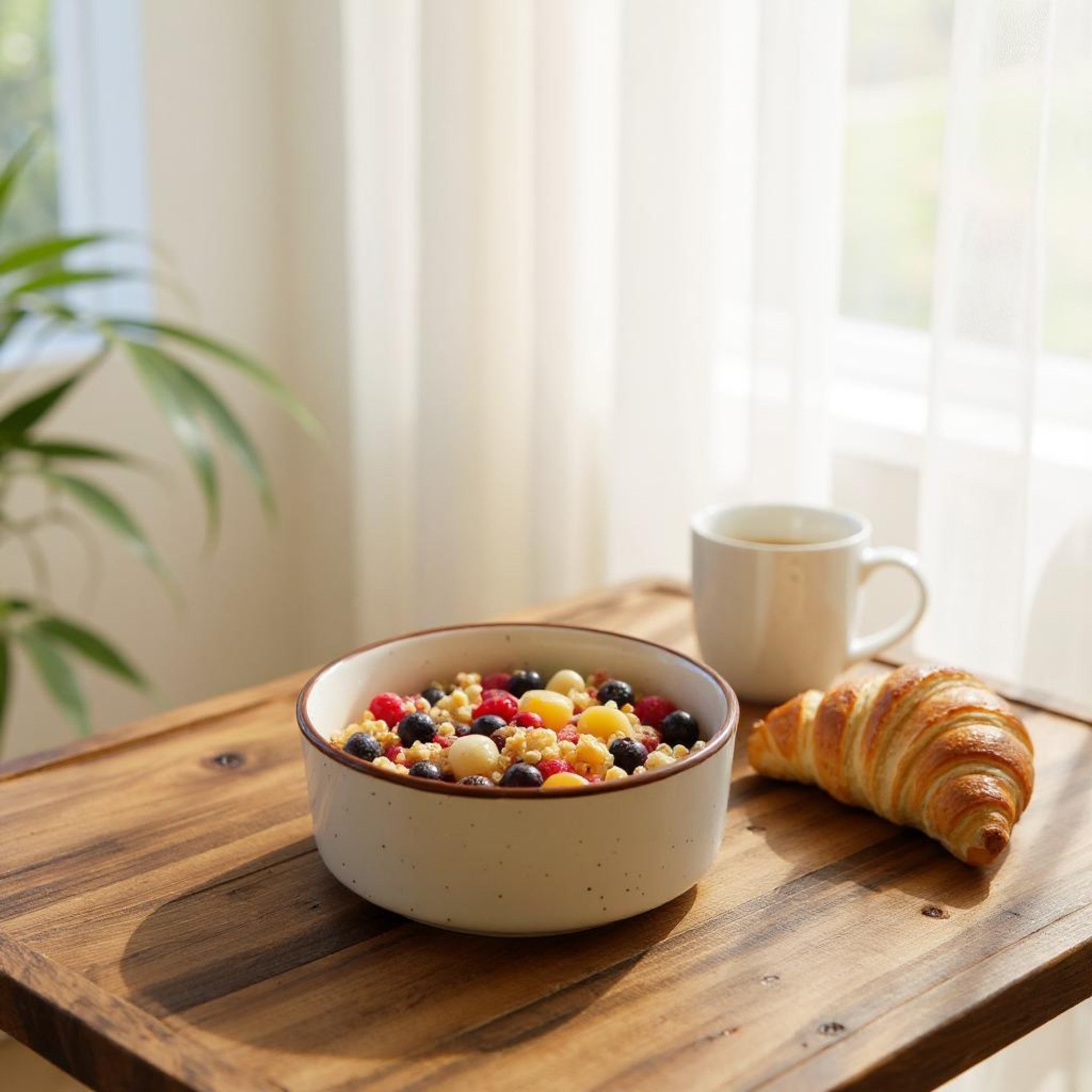 Breakfast scene with a bowl of cereal, mug, and croissant on a wooden surface.