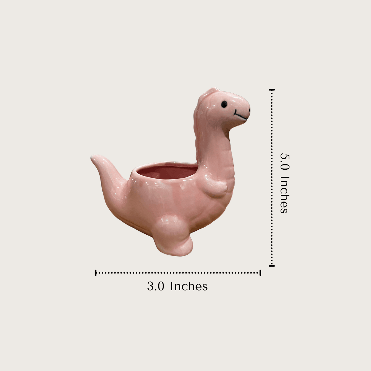 Product measurement diagram showing the 5.0 inches max height and 3.0 inches diameter dimensions of the mini dinosaur ceramic pots.