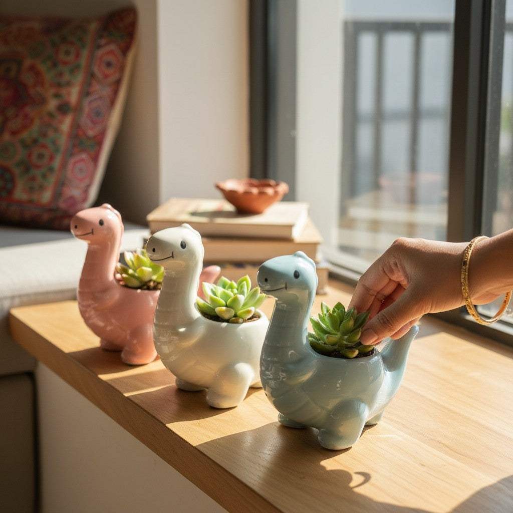 A set of three miniature dinosaur ceramic planters in pastel pink, glossy white, and light blue lined up on a sunlit home windowsill ledge.