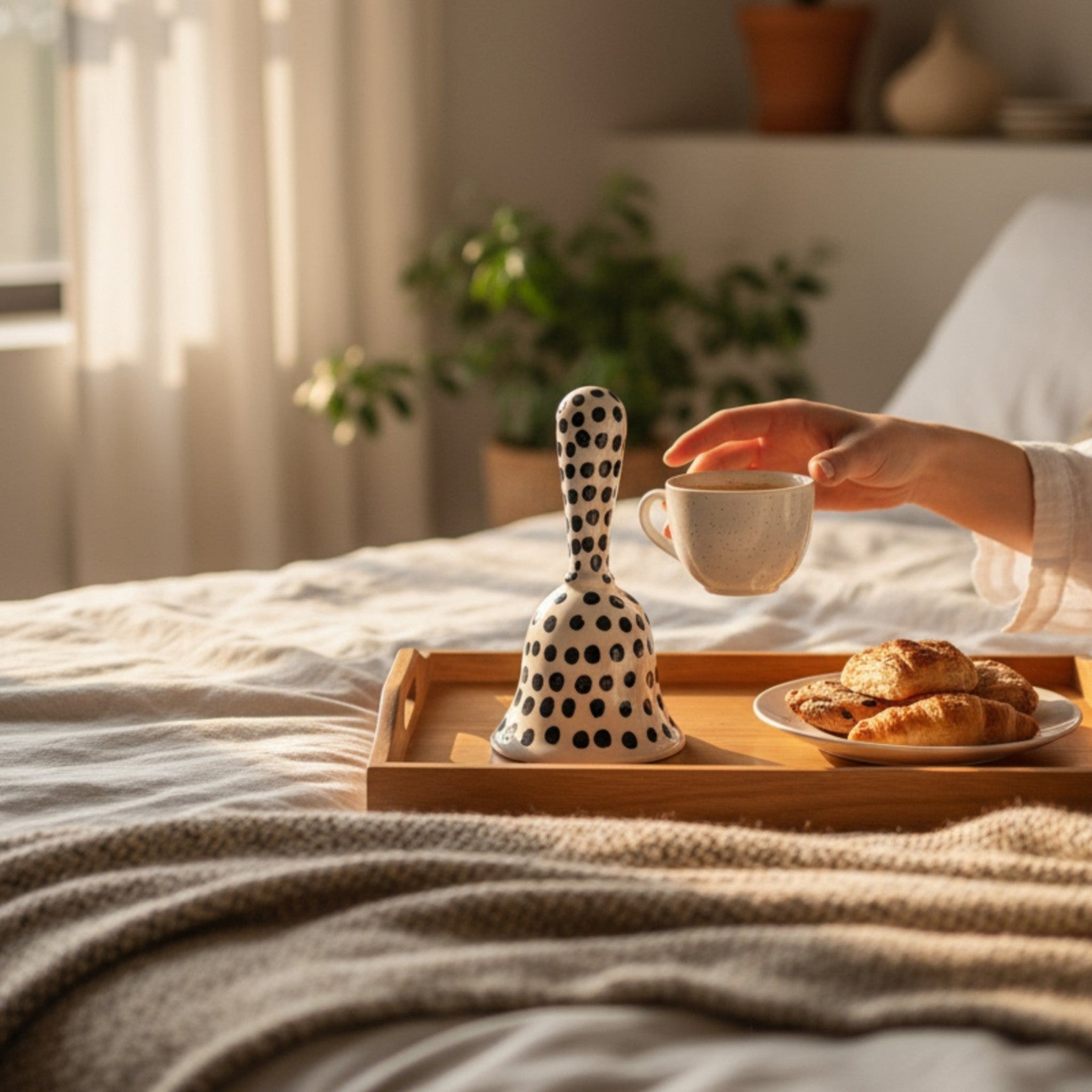 Dottie Bell on a tray for breakfast in bed; Pinterest-worthy party styling and aesthetic tabletop accessories.