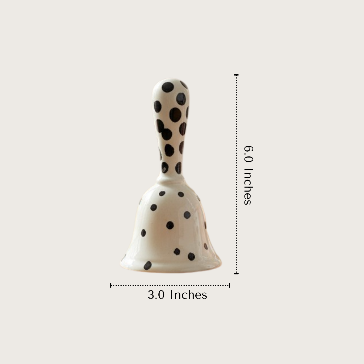 Dottie Bell size; 6-inch tall ceramic hand bell with a 3-inch wide base for stable tabletop display.