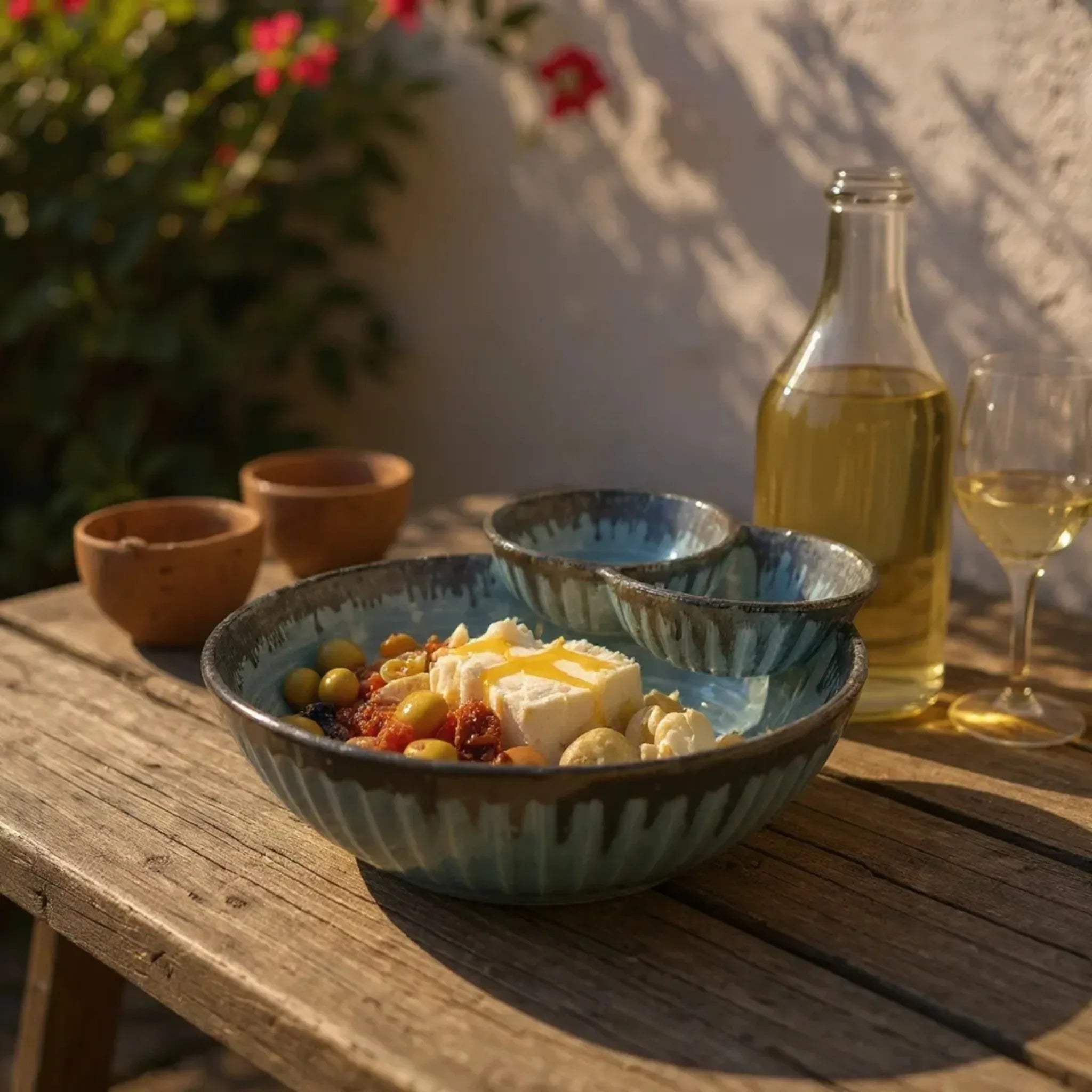 Social snacking setup; Ocean Ridge bowl filled with olives on a rustic patio table.