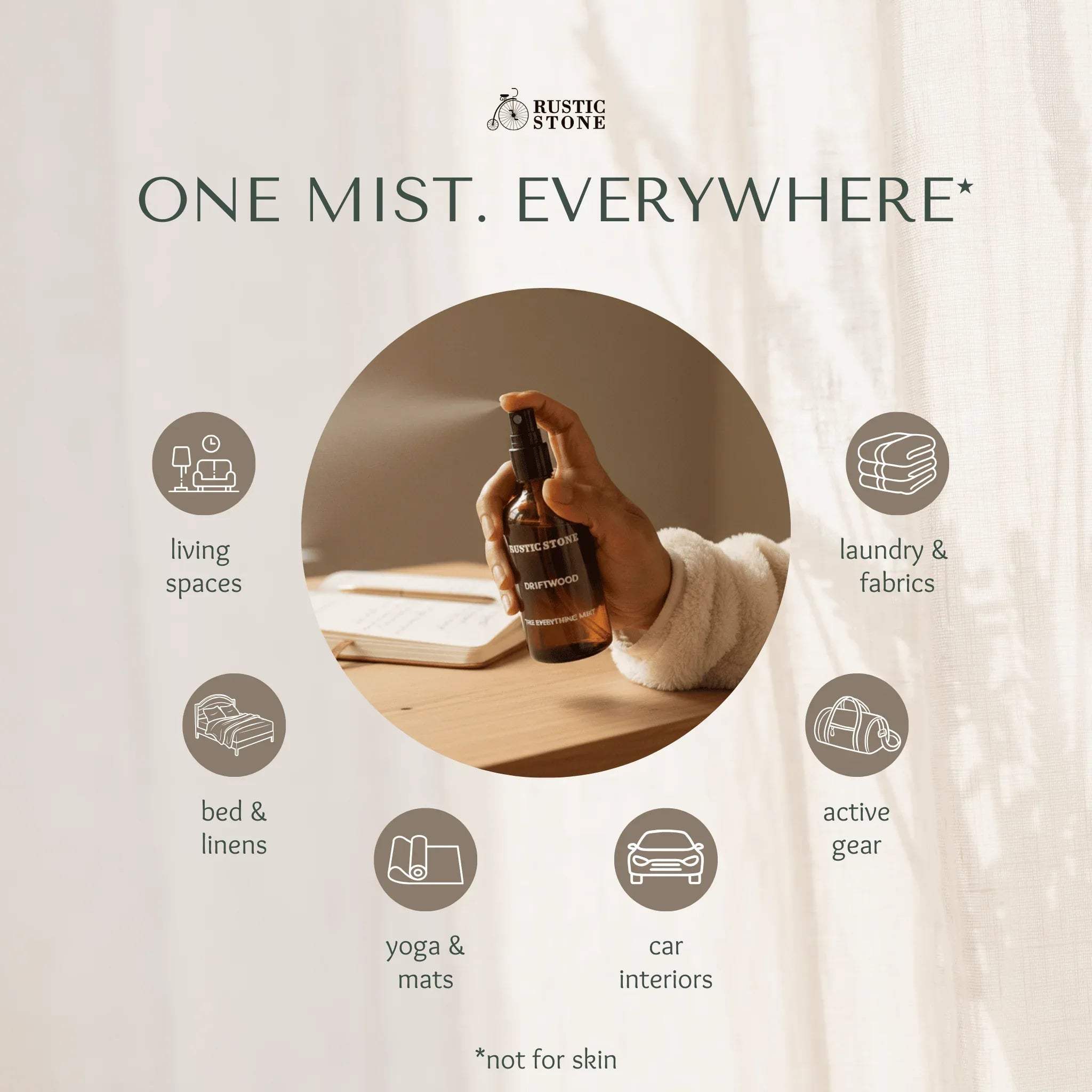 Driftwood multi utility mist; spraying on curtains, linens, and sofa to refresh home fabrics.