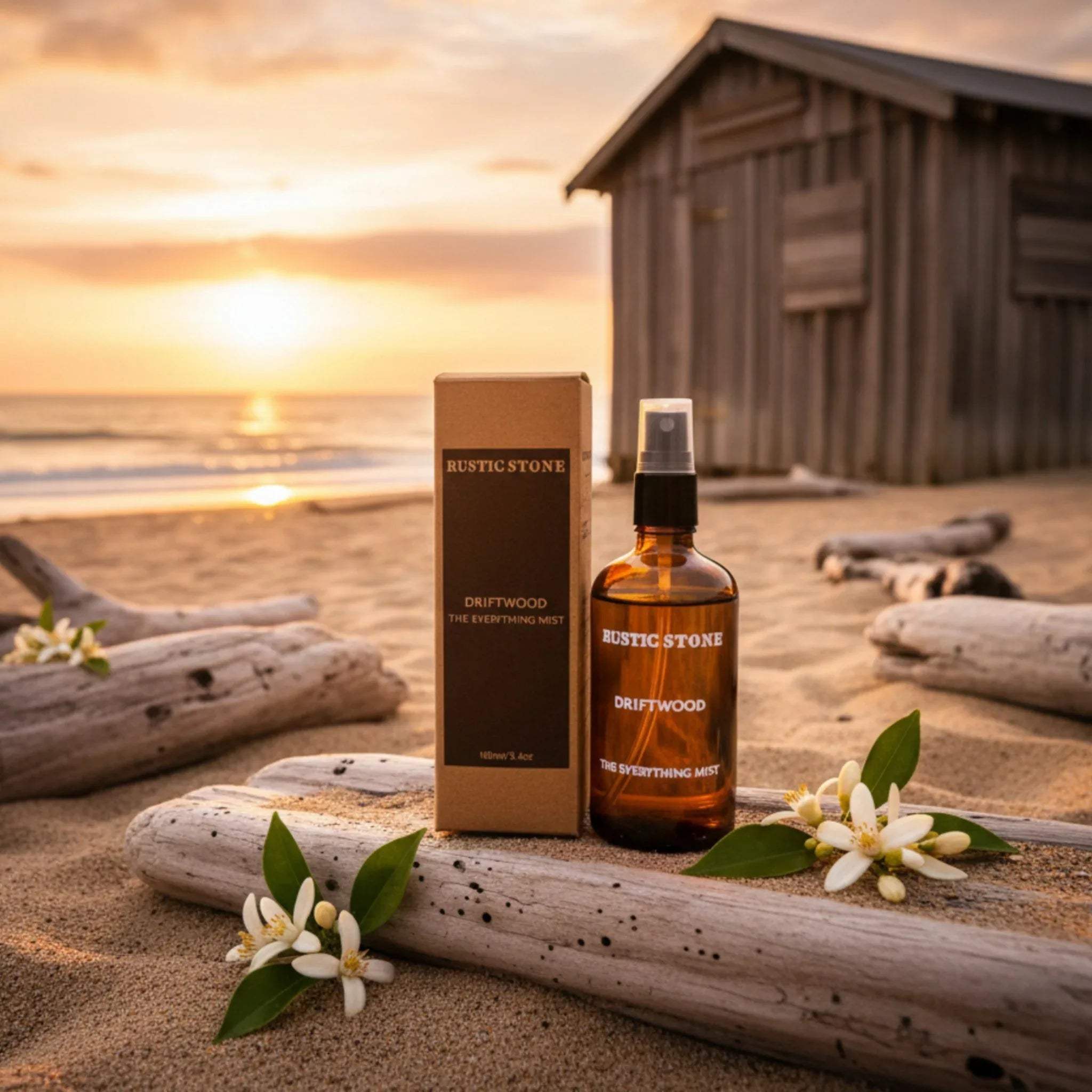 Rustic Stone Driftwood Room Mist; amber glass apothecary spray bottle for a warm, beach home fragrance.