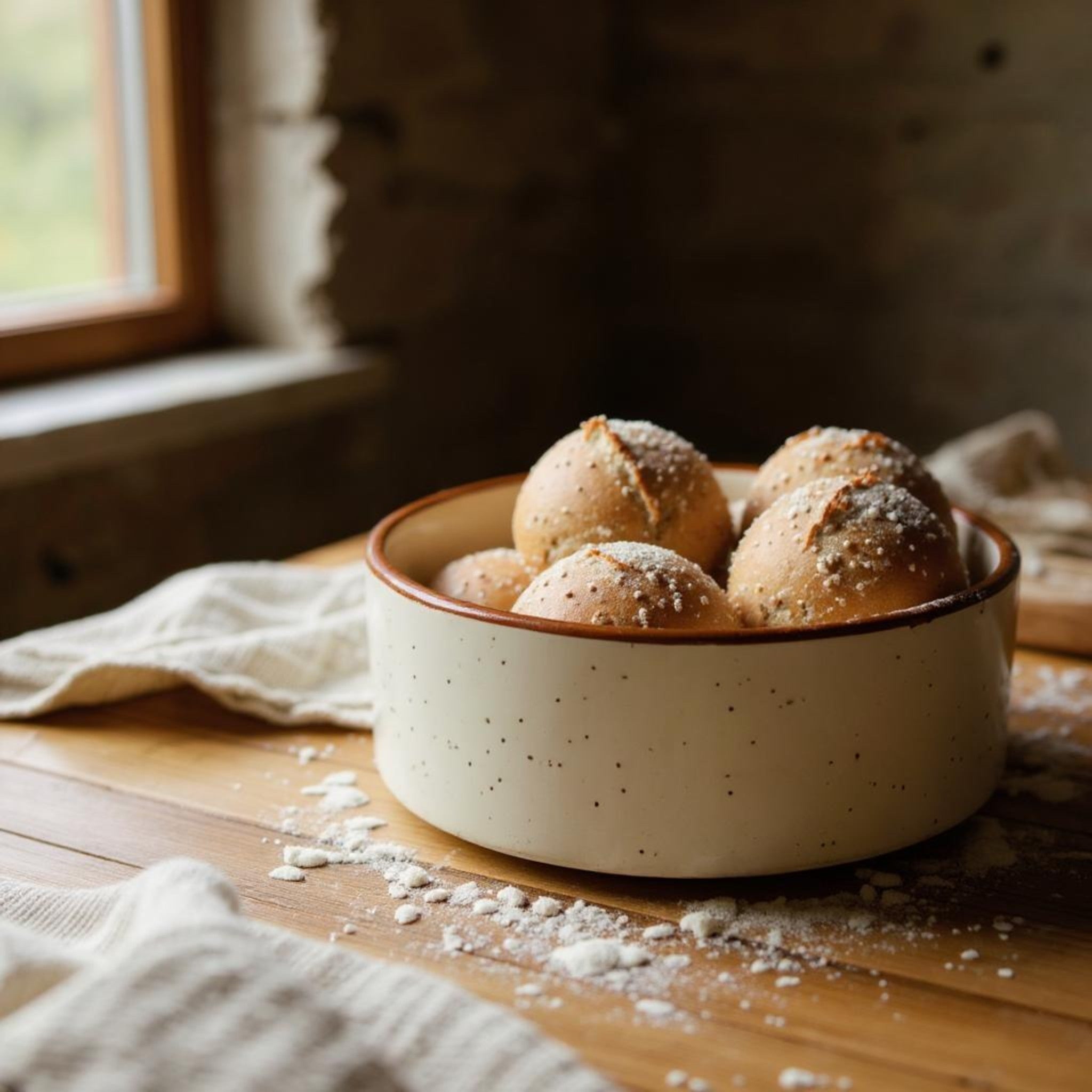 Bowl of bread rolls on a wooden table with a rustic background