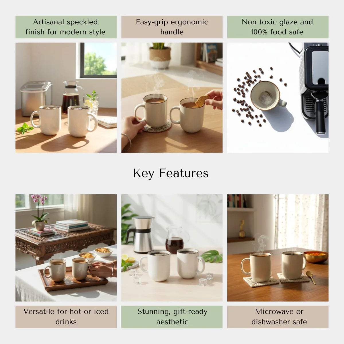 Sustainable Rustic Stone mug features; microwave safe, dishwasher safe, and non-toxic food-grade ceramic.