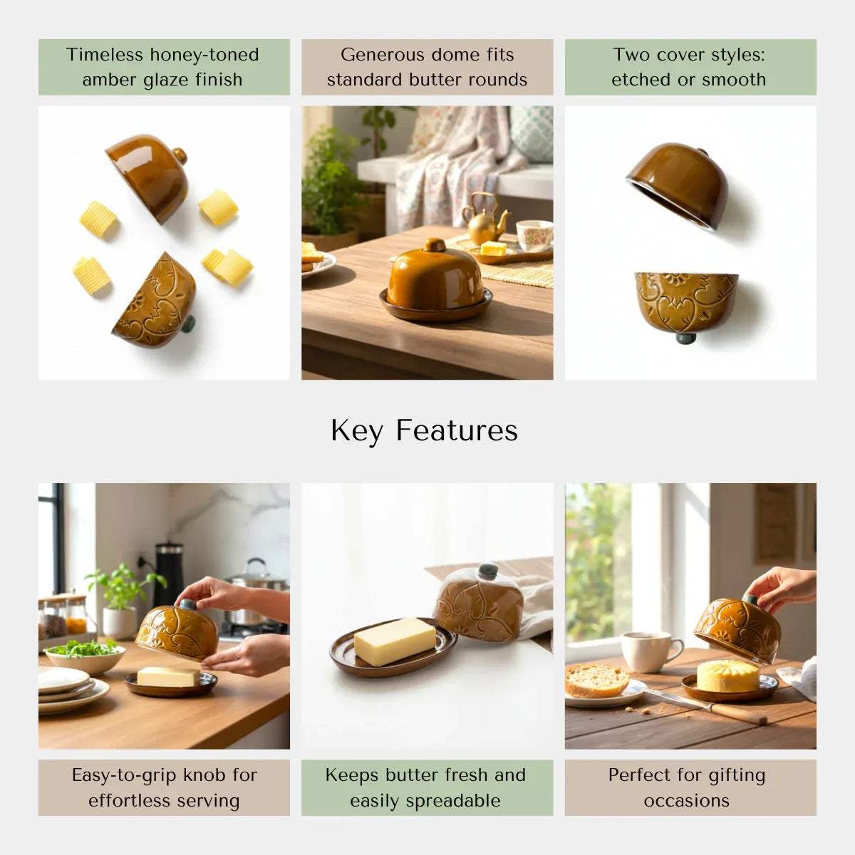 Artisan kitchenware features; non-toxic lead-free glaze, easy-to-grip top handle, and dishwasher-safe ceramic.