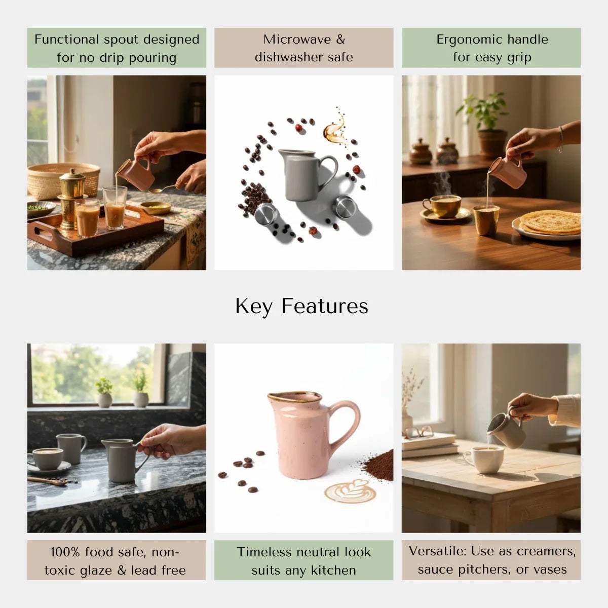 Sustainable serveware features; microwave safe, dishwasher safe, and non-toxic food-grade lead-free glaze.