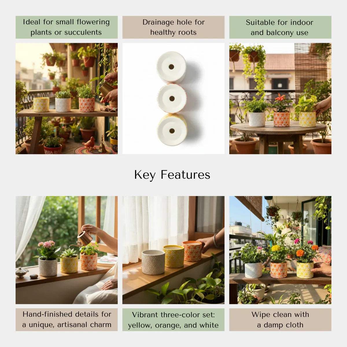 Sustainable garden features; non-toxic weather-resistant glaze, handmade in India, and eco-friendly ceramic.