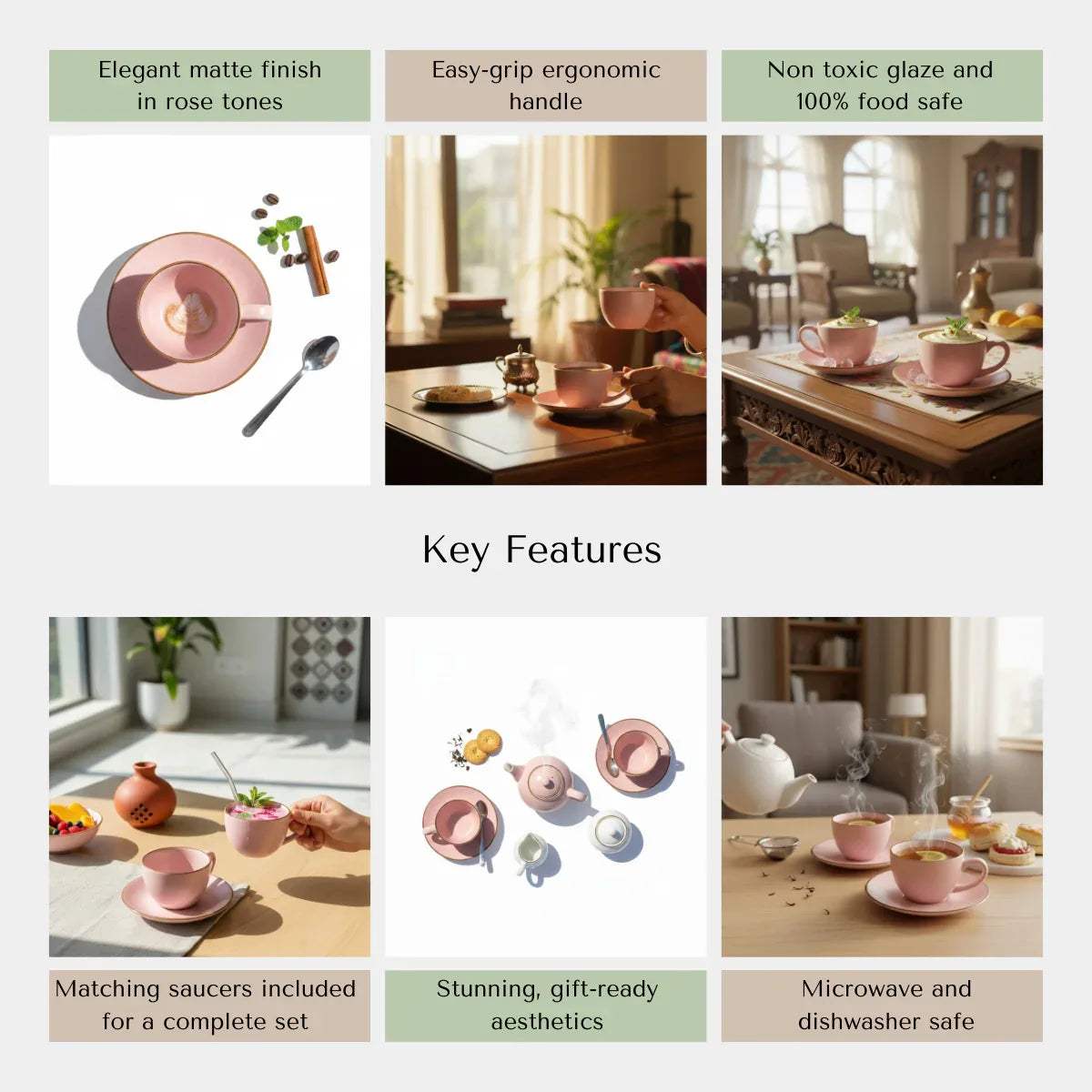Sustainable pink ceramic features; microwave safe, dishwasher safe, and non-toxic food-grade lead-free glaze.