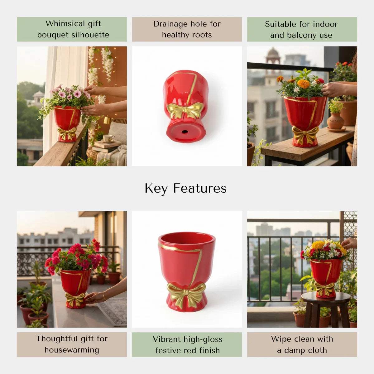Sustainable ceramic features; drainage hole for plant health, high-quality durable handcrafted in India.