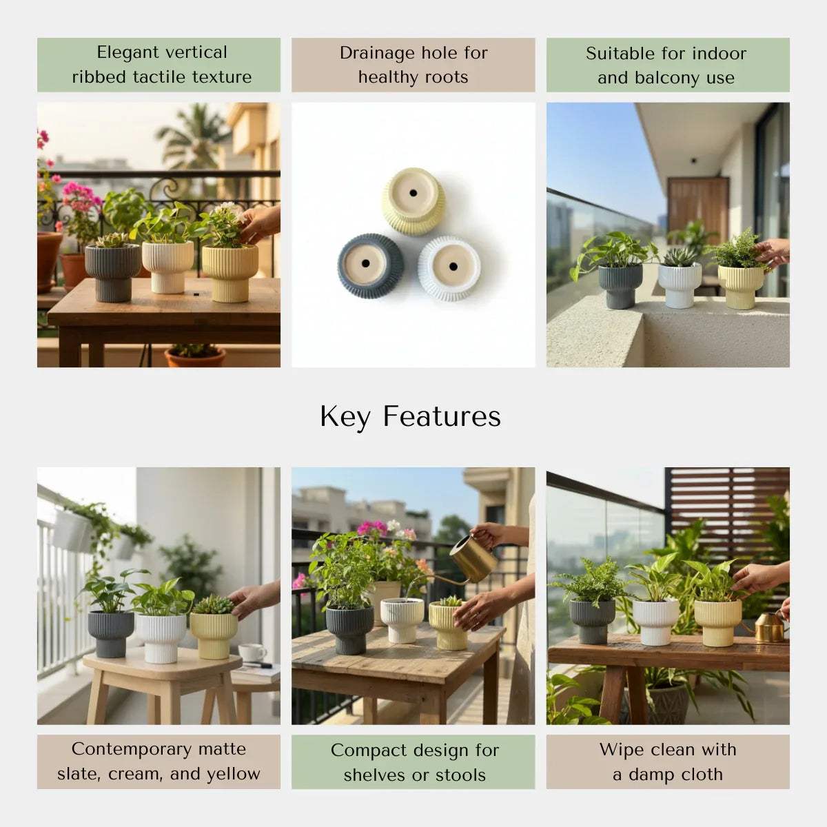 Sustainable ceramic features; non-toxic matte glaze, integrated drainage, and weather-resistant artisan quality.