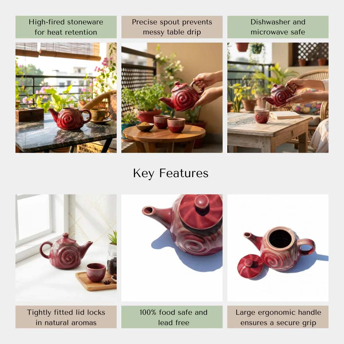 Sustainable ceramic features; non-toxic lead-free glaze, dishwasher safe, and handcrafted artisan quality.