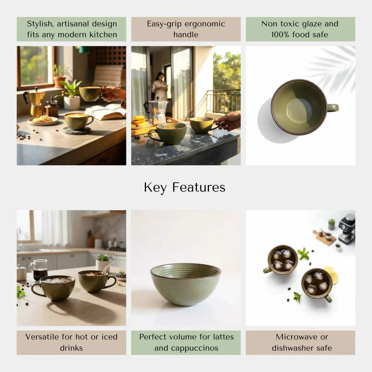 Sustainable artisan ceramic features; microwave safe, dishwasher safe, and non-toxic food-grade green cups.