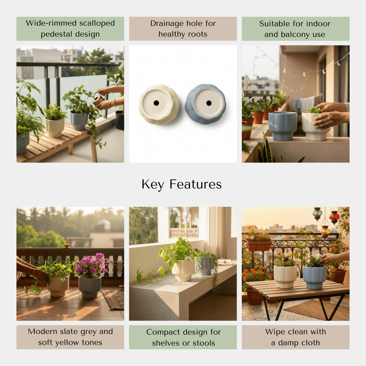 Sustainable ceramic features; non-toxic matte glaze, integrated drainage hole, and weather-resistant artisan quality.