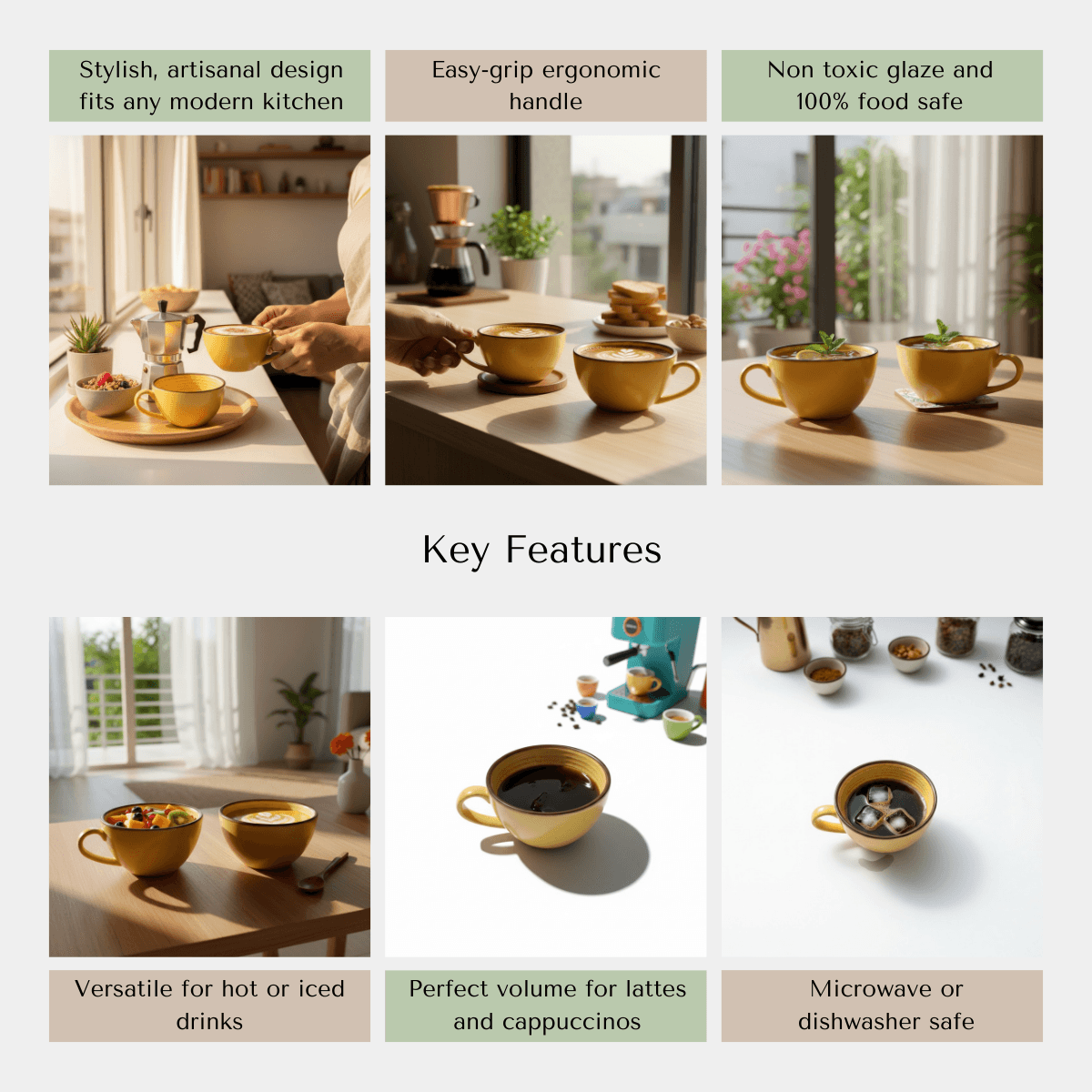 Durable yellow ceramic mugs; microwave and dishwasher safe, lead-free, and handcrafted for daily coffee rituals.