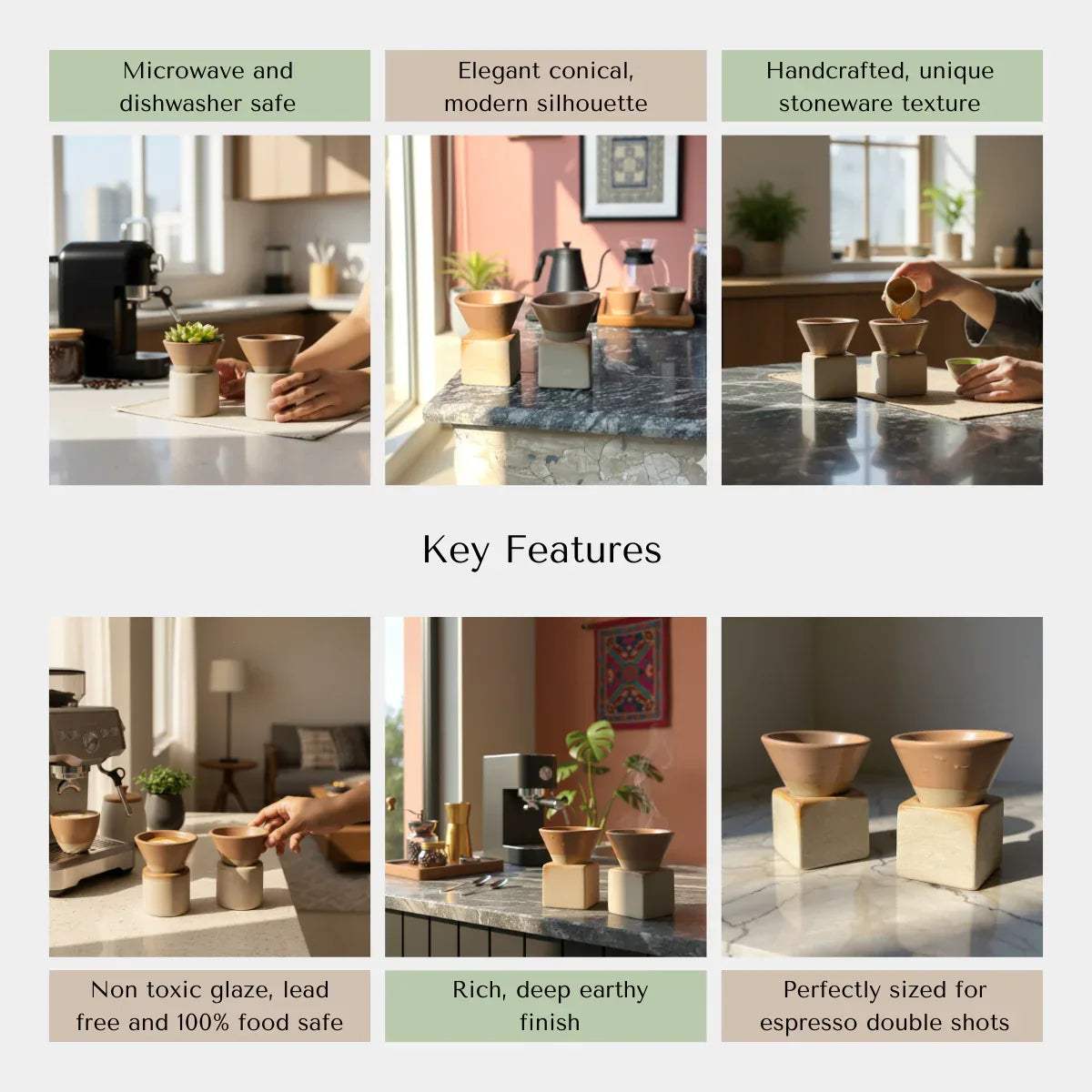 Sustainable Rustic Stone features; microwave safe, dishwasher safe, and non-toxic food-grade matte brown glaze.