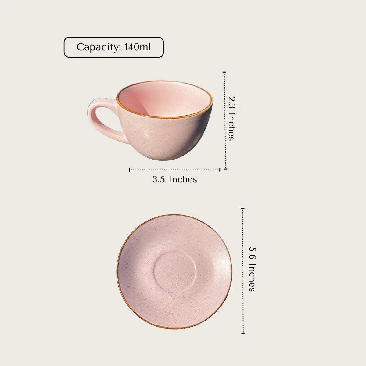 Dusty Rose specs; standard 140ml tea cup capacity with durable wide-rim saucer and handcrafted ceramic finish.