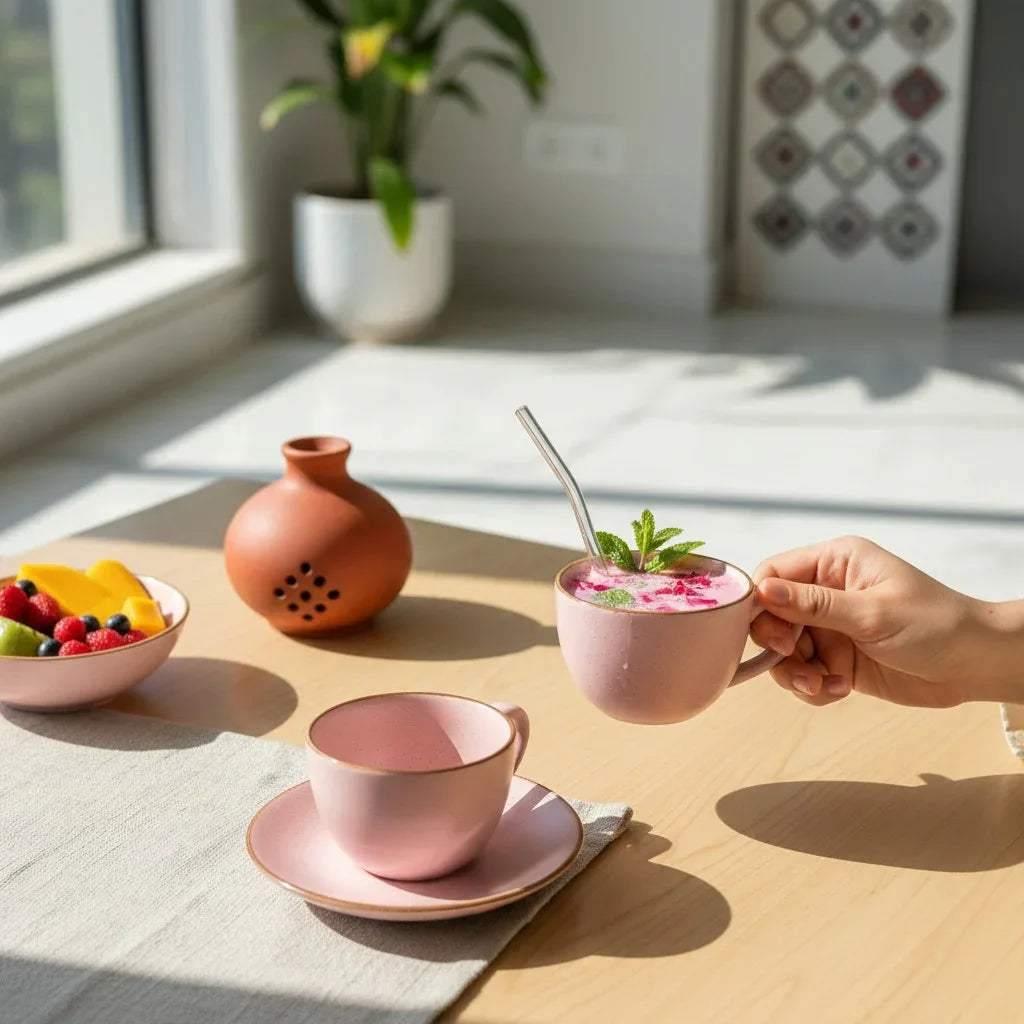 Afternoon snacks setup; pink speckled cups on a wooden table with fruits, perfect for a garden party aesthetic.