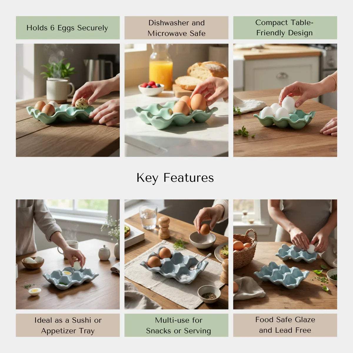 Rustic Stone quality; dishwasher safe, fridge safe, non-toxic, and handcrafted ceramic egg organizer.