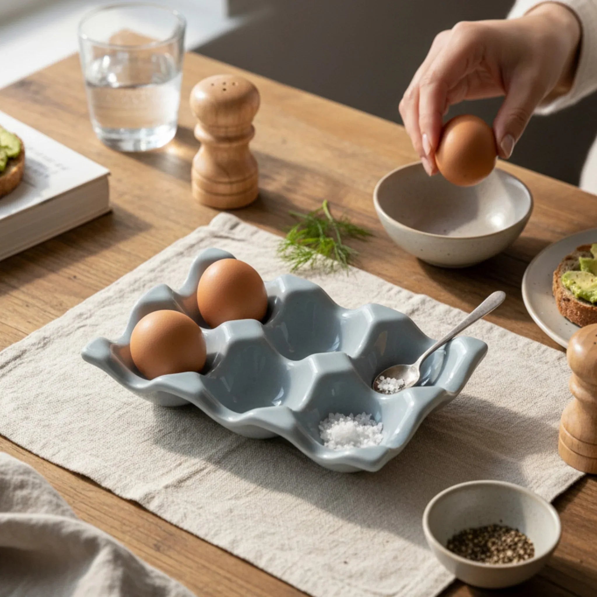 Egg Affair tray with farm-fresh eggs; Pinterest-worthy kitchen counter styling and gourmet fridge decor