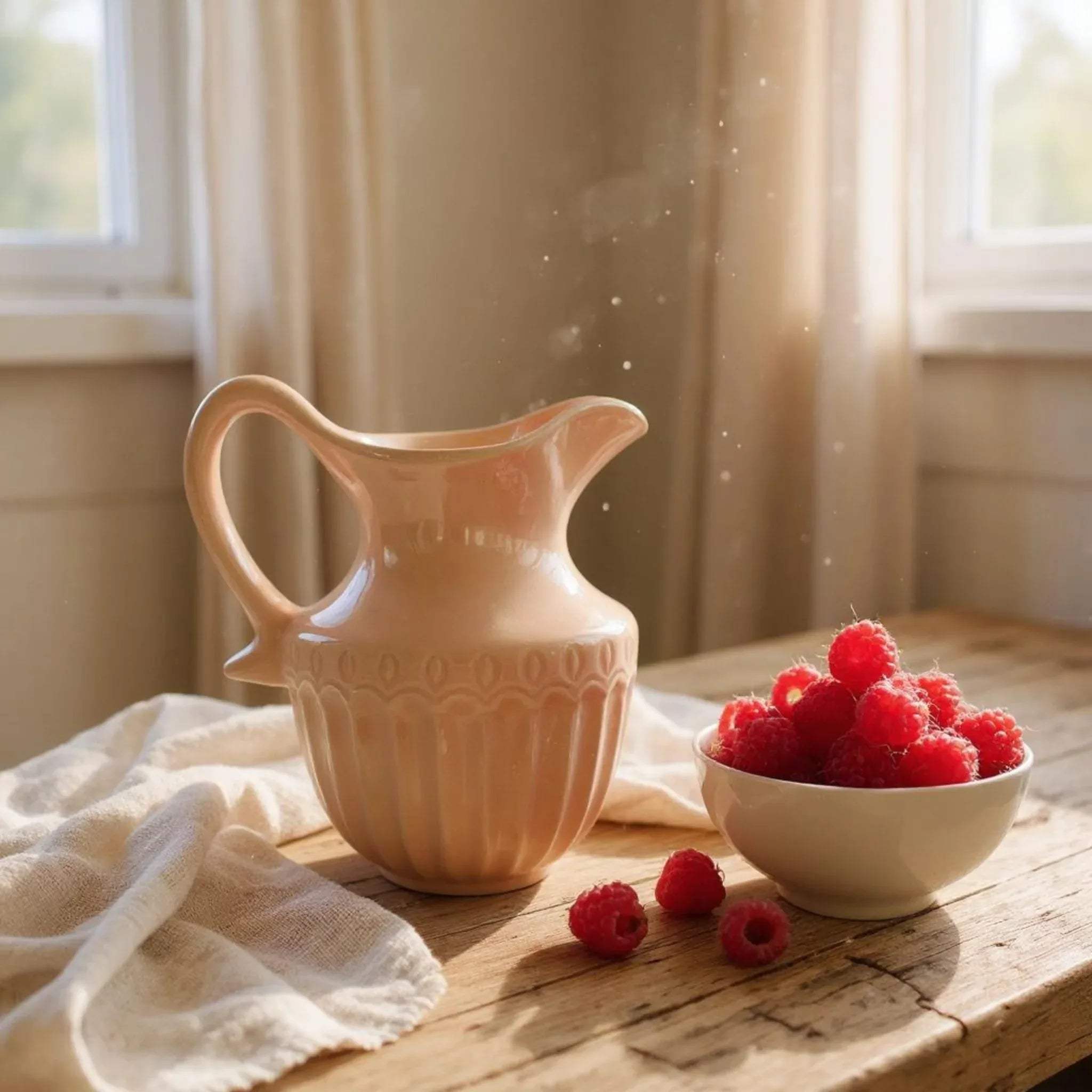 Morning breakfast setting; the pitcher alongside a ceramic bowl on a linen-draped table with fresh berries.