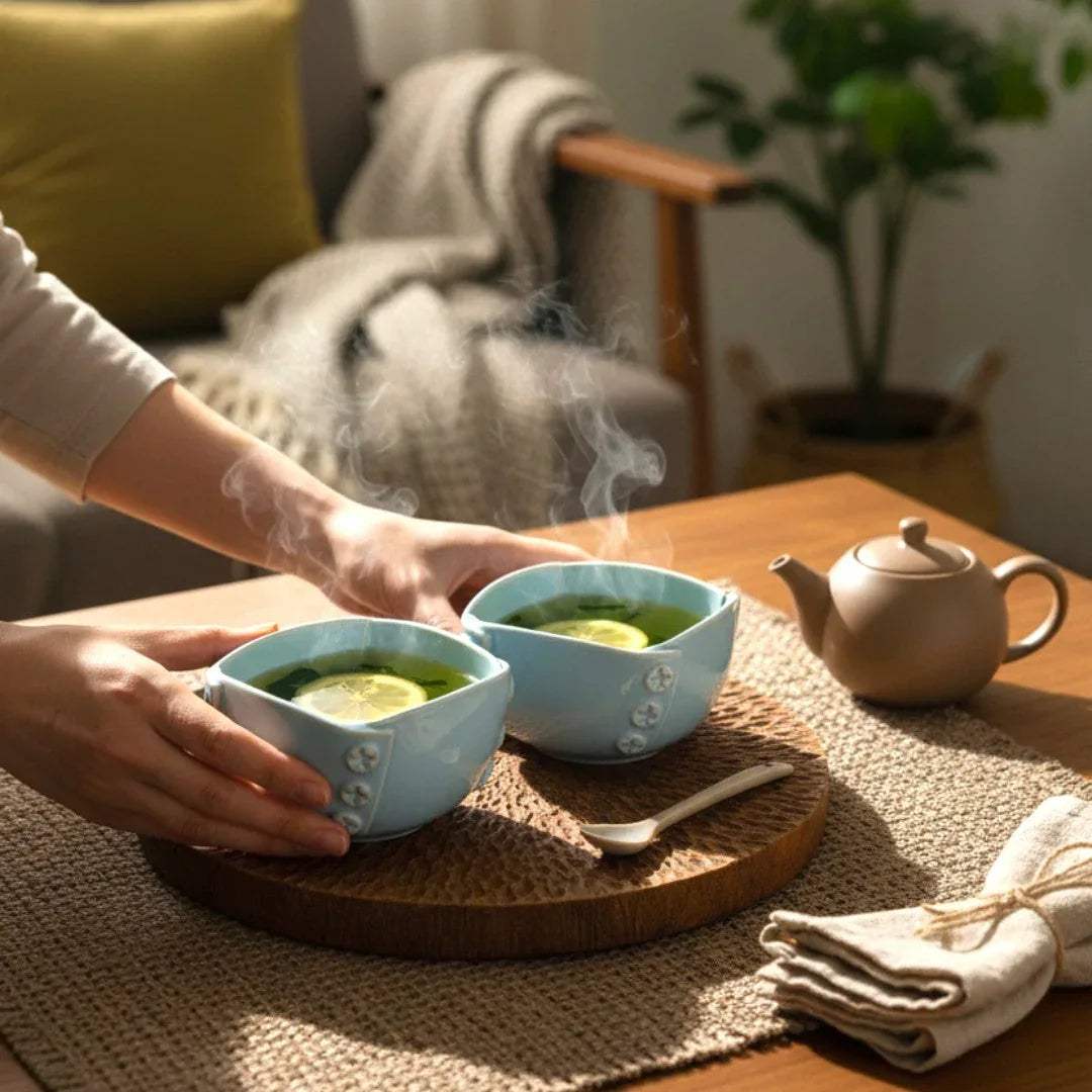 Evening soup setup; the bowls filled with hot soup for a cozy night in.
