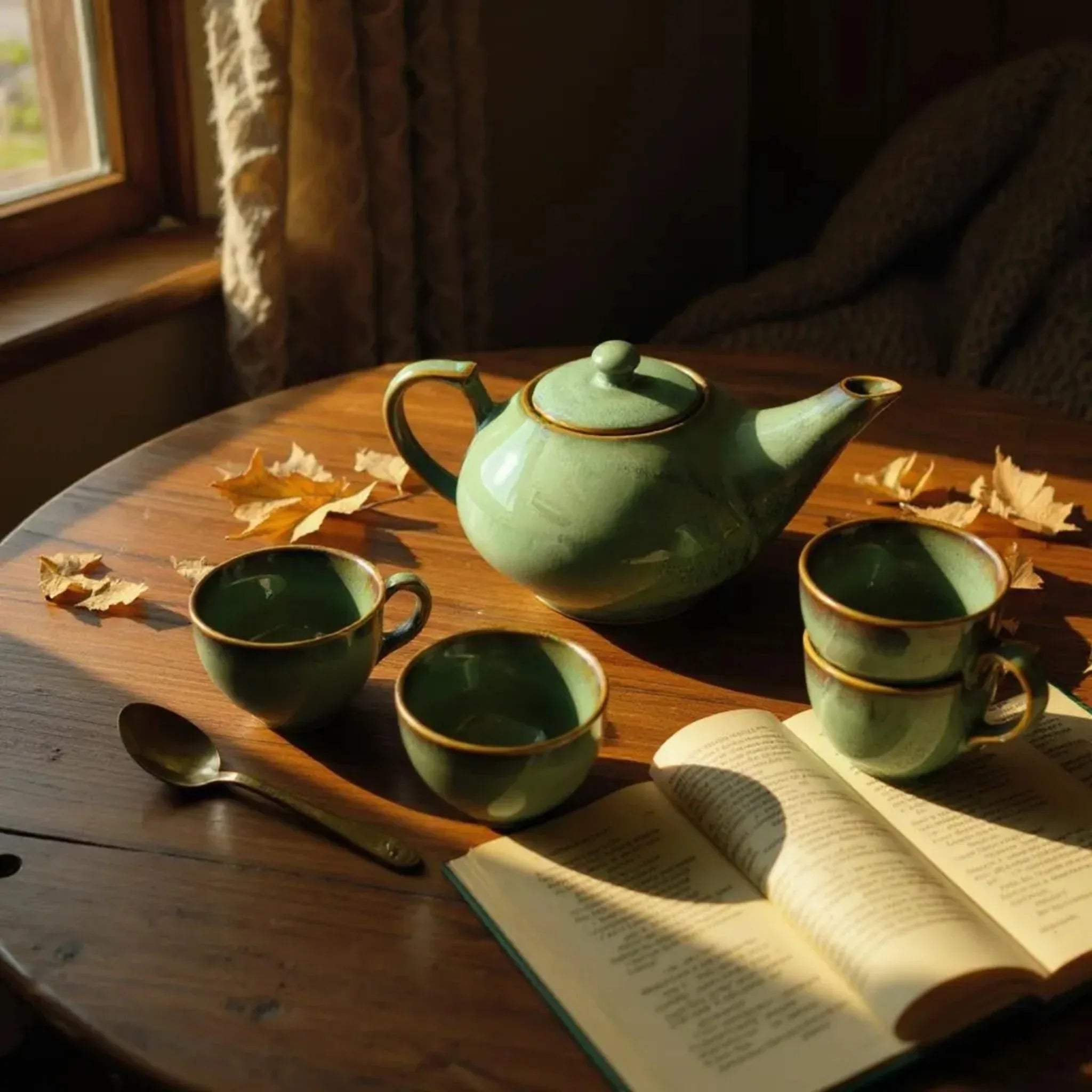 Aesthetic tea set; the tea set arranged on a low table for a slow Sunday afternoon conversation.