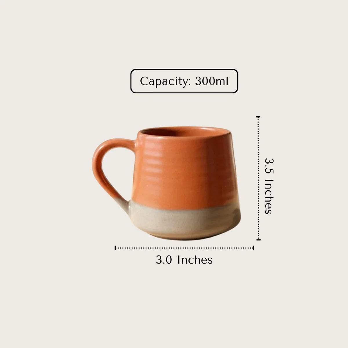 300ml orange -grey ceramic mug with 3.5 inches height and 3.0 inches diameter.