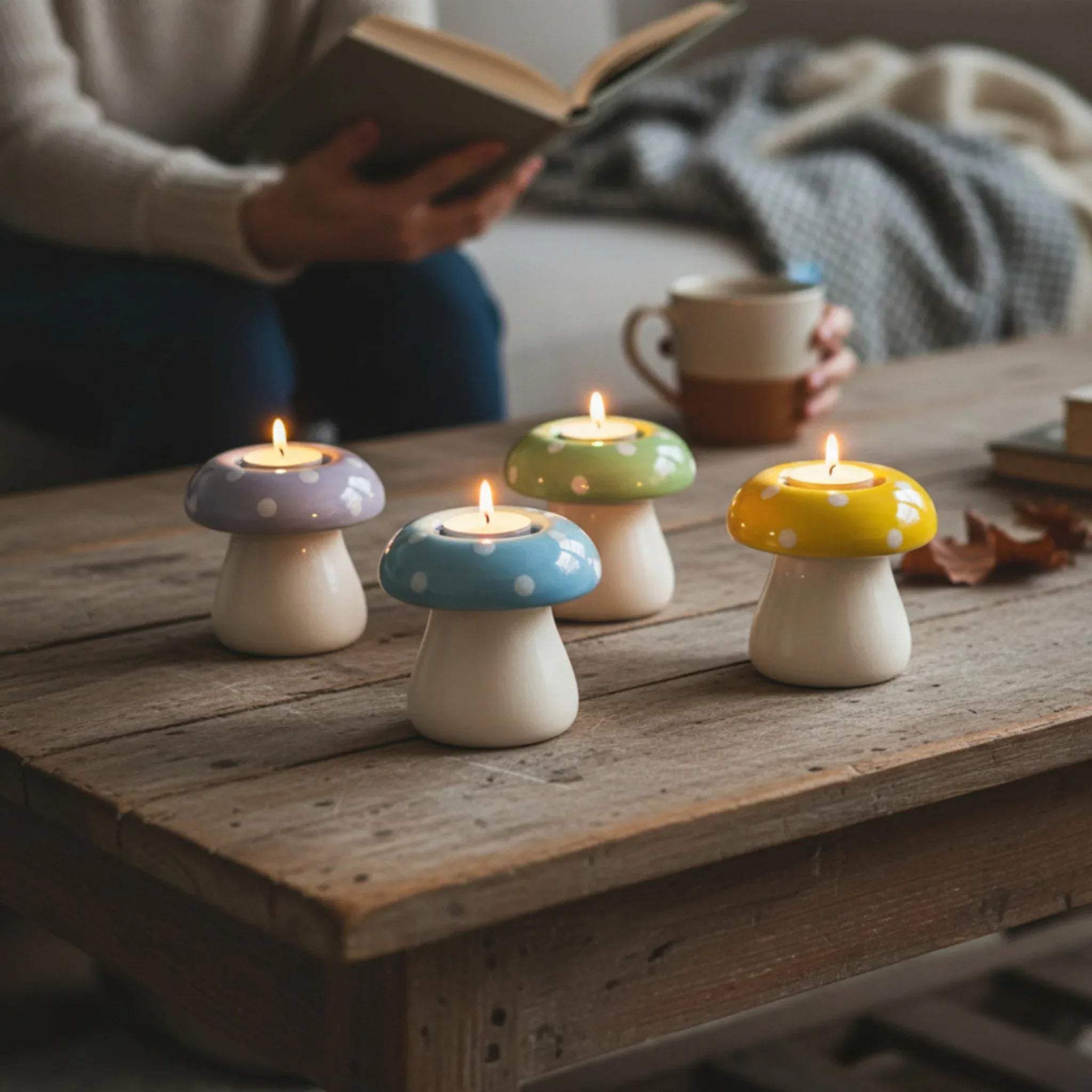 Colorful mushroom-shaped candle holders on a wooden table with a person reading a book in the background.