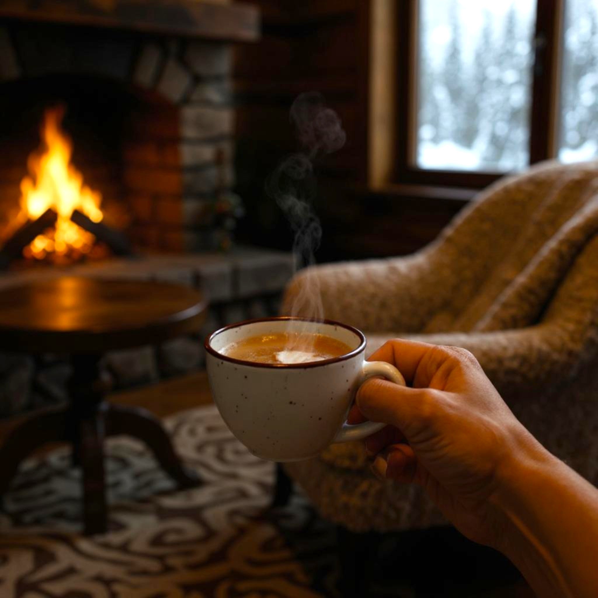 Hand holding a steaming cup of coffee in a cozy room with a fireplace and window.