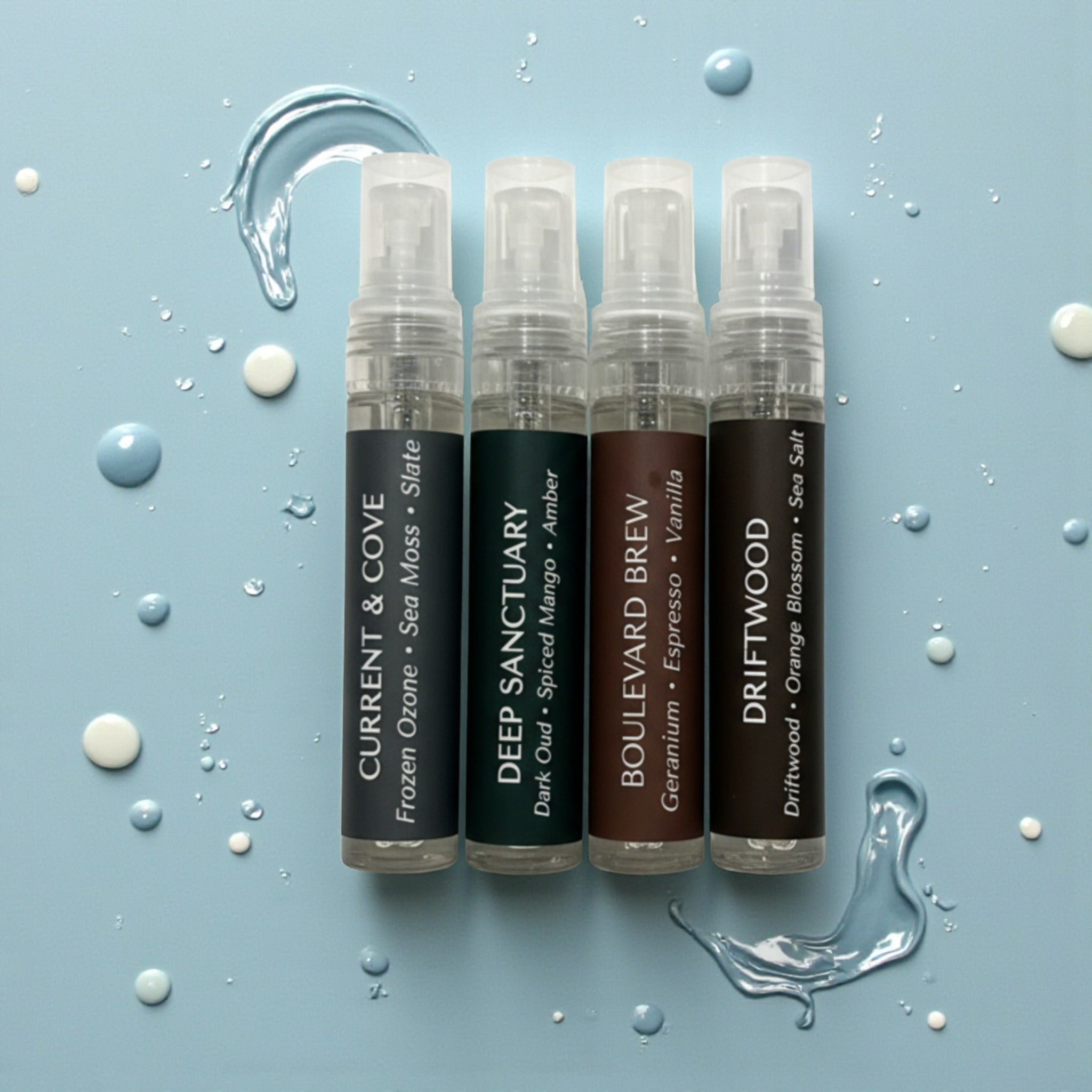 Rustic Stone Everything Mist Discovery Set; travel-size room spray collection in transparent bottles.