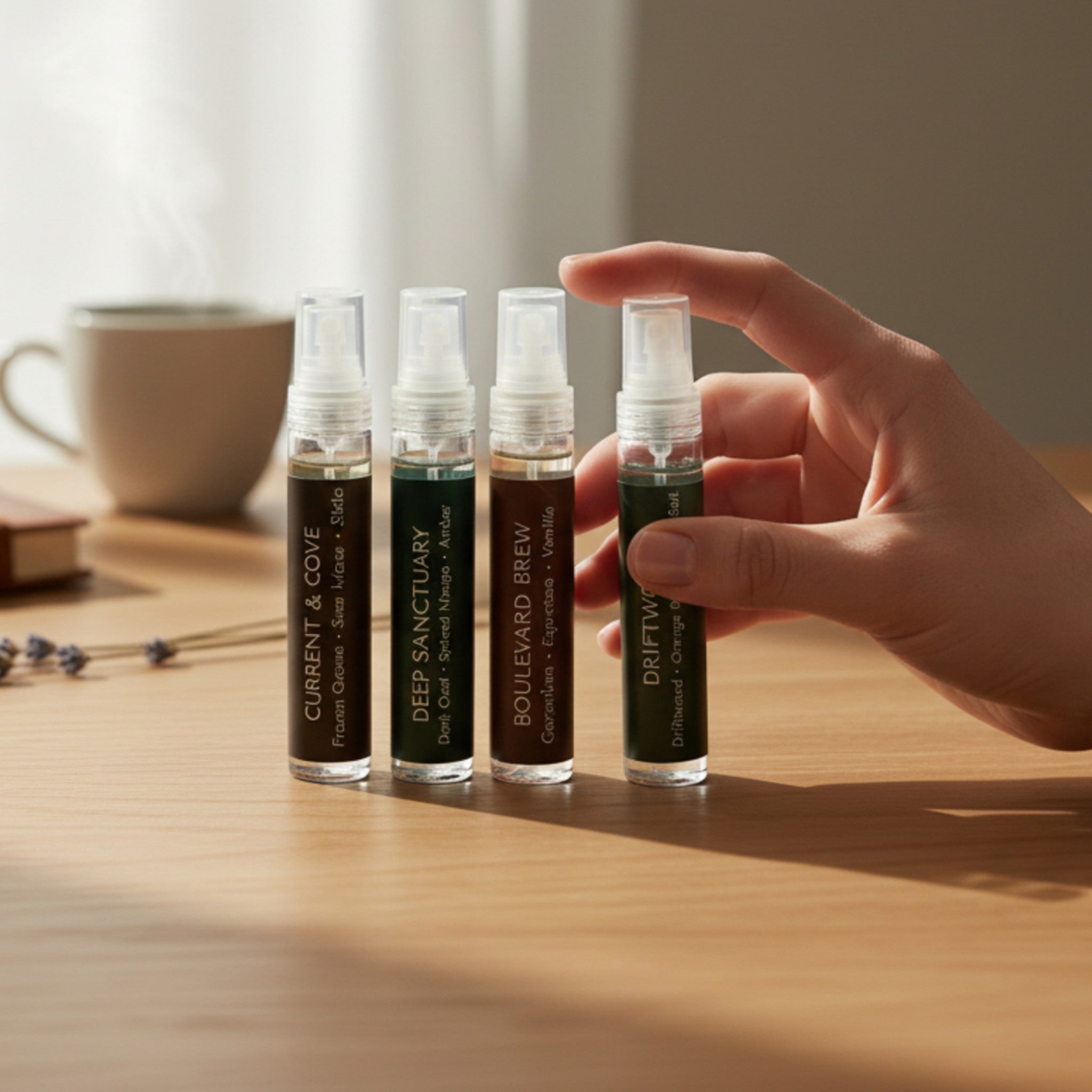 Discovery Set in hand; pocket-sized 10ml mist bottles perfect for travel, cars, or sampling.