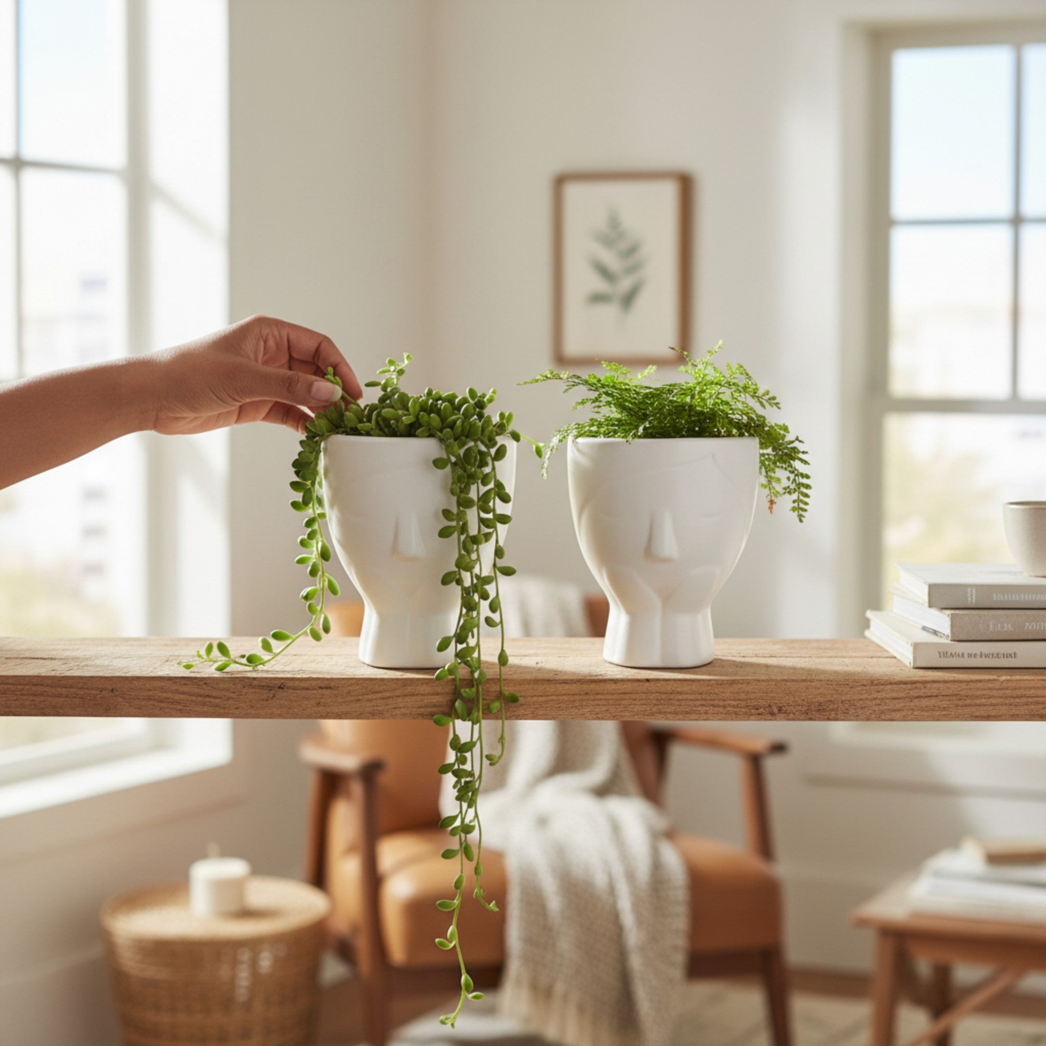 Person arranging plants in white pots on a wooden table in a bright room.