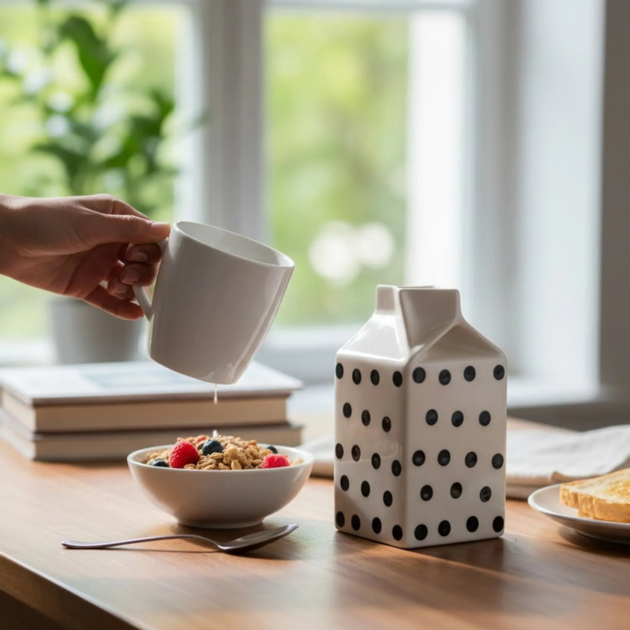 Person pouring milk into a bowl of cereal on a wooden table with a polka dot milk carton and books in the background.