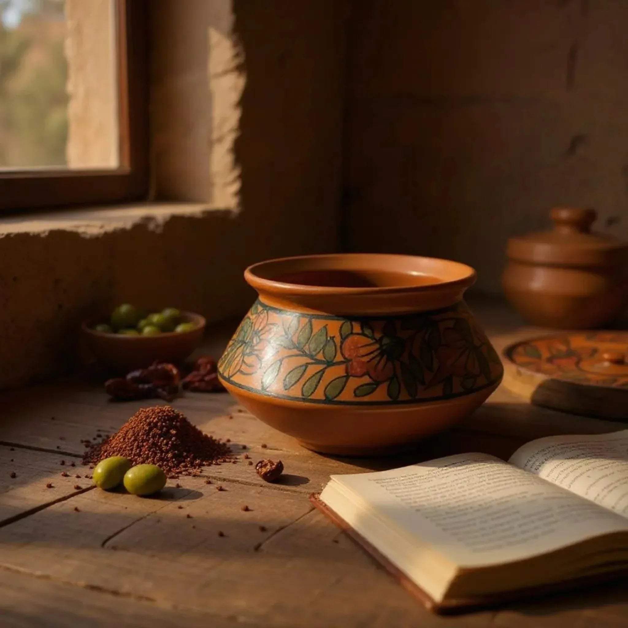 Hand-painted Rustic Stone clay bowl on wooden table with spices, olives, and open book