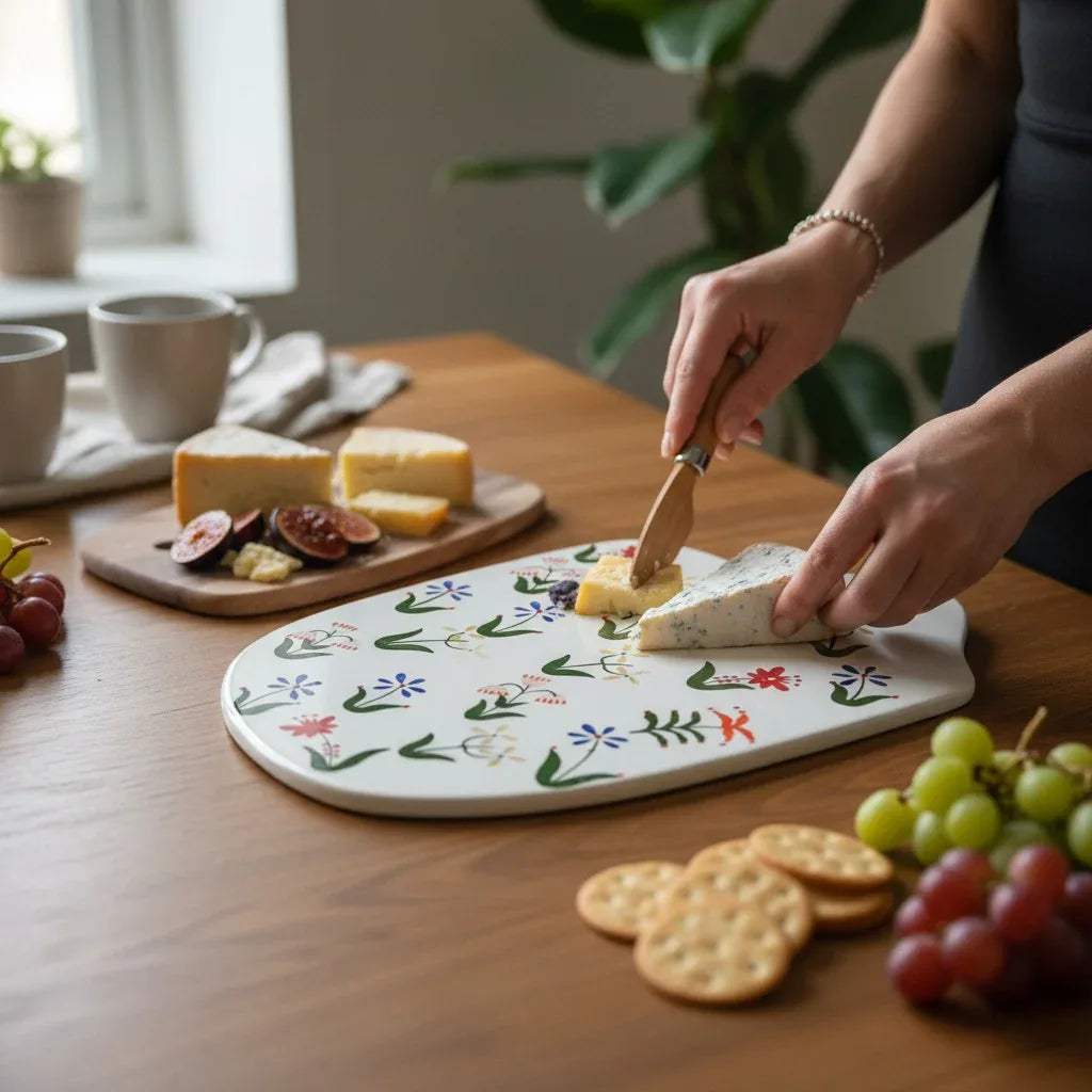 Mediterranean platter; the board served with a variety of cheeses, crackers, and grapes for a garden lunch.