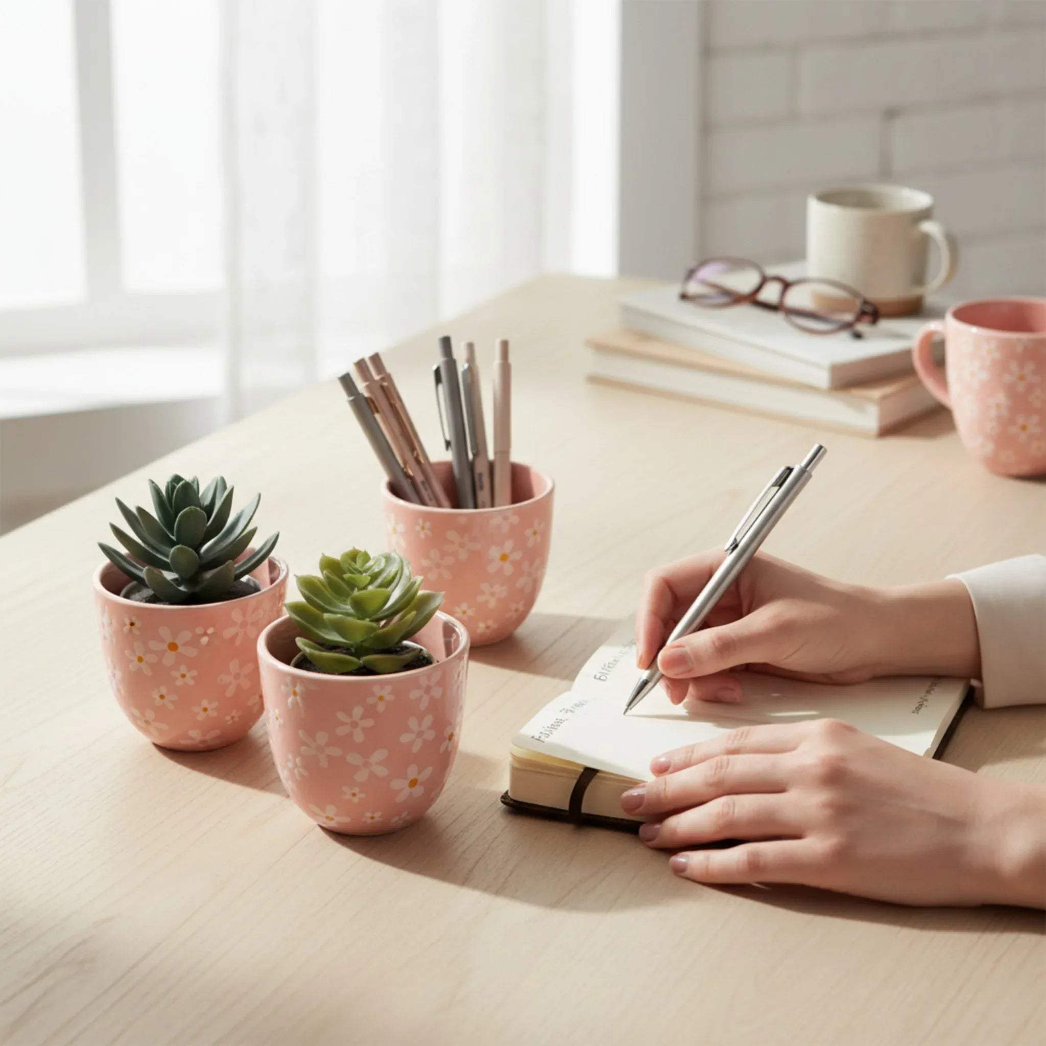Pinterest-worthy desk setup; a pink floral planter holding faux succulents next to a stack of books and planter being used as pen stand