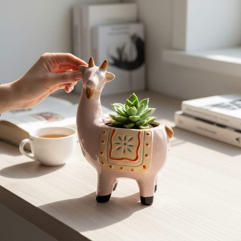A decorative blush pink ceramic goat plant vessel catching morning light on a minimalist living room window sill.