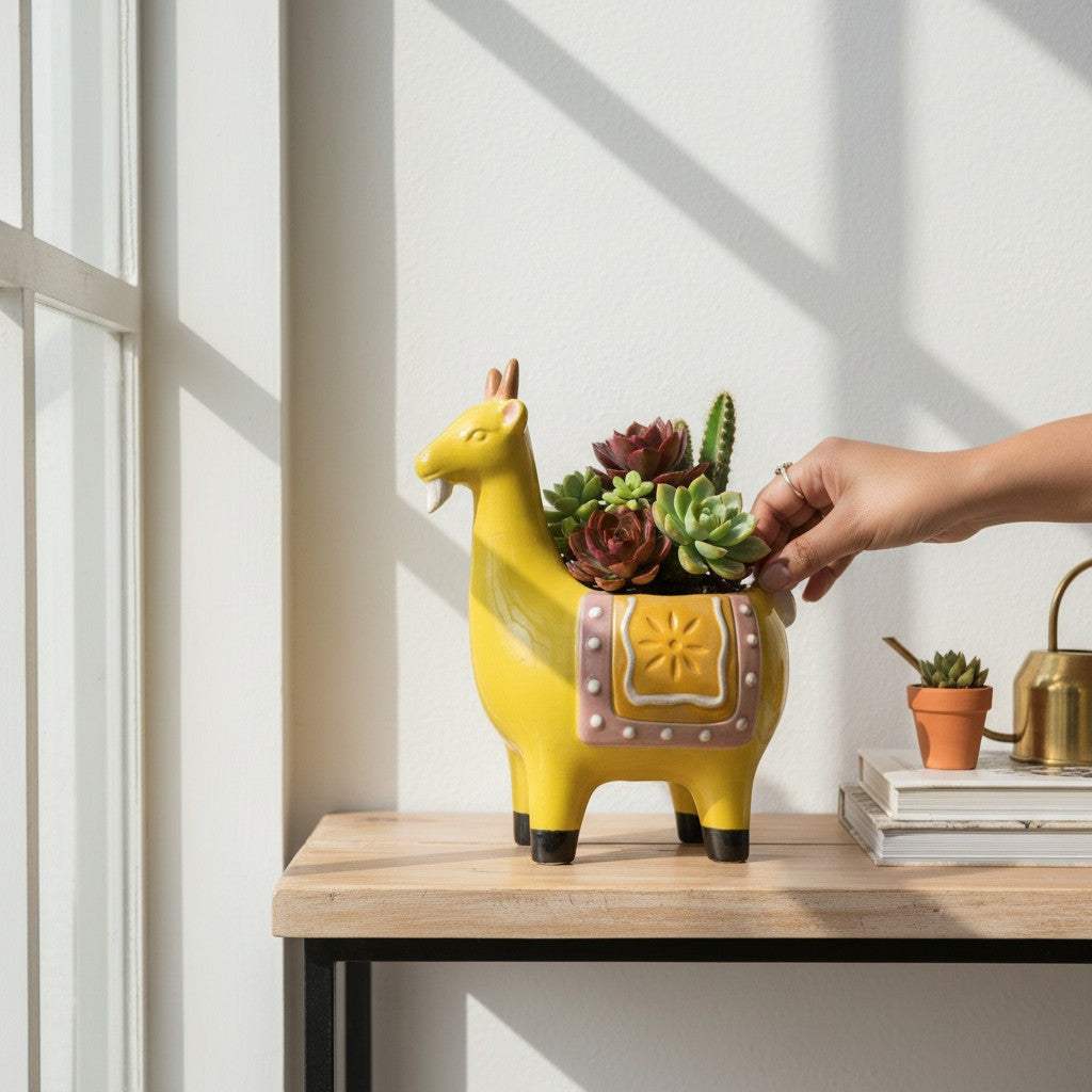 A decorative muted ochre ceramic goat plant vessel catching morning light on a minimalist living room window sill.