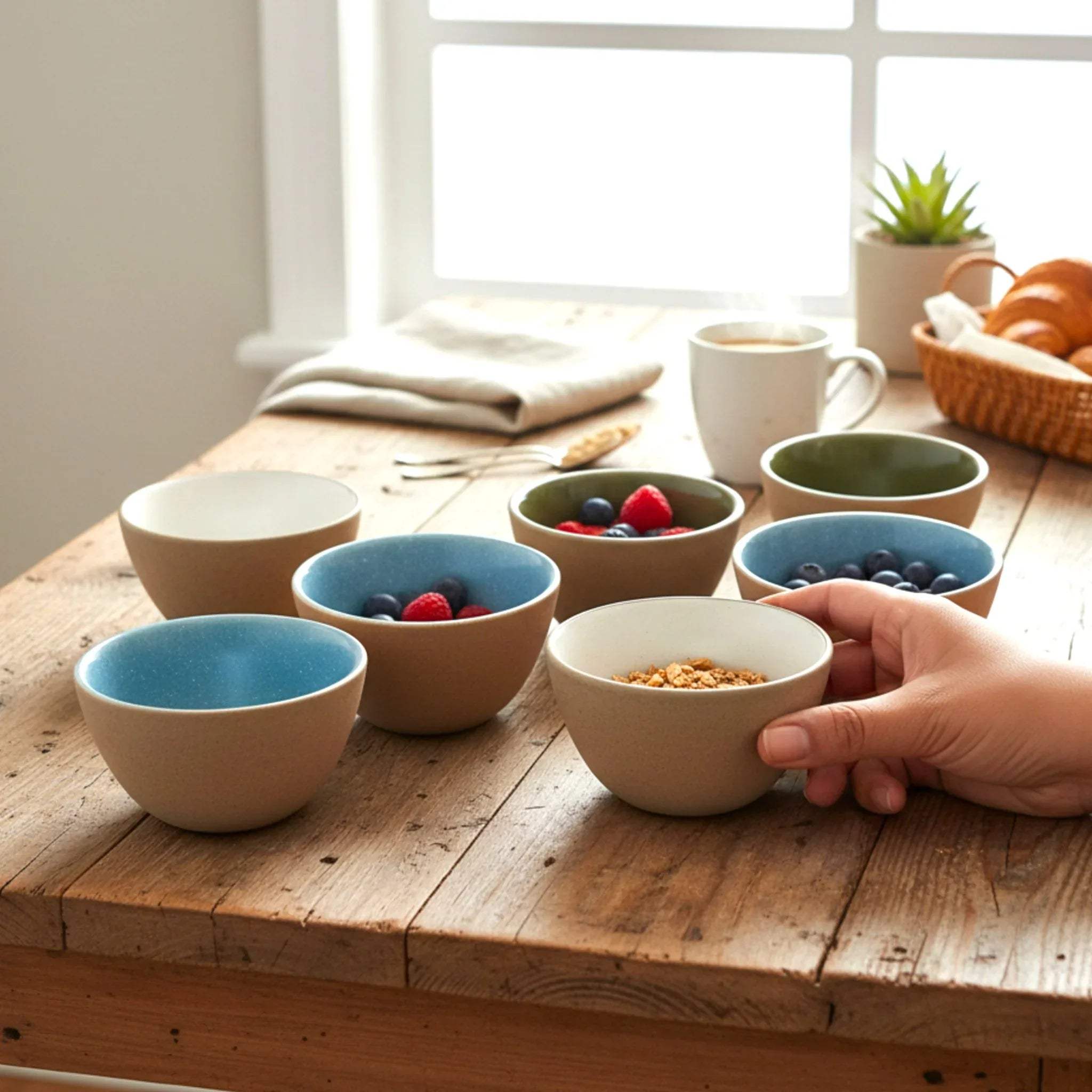 Tide Bowls with berries and granola; Pinterest-worthy breakfast platter styling and artisanal ceramic bowl photography.