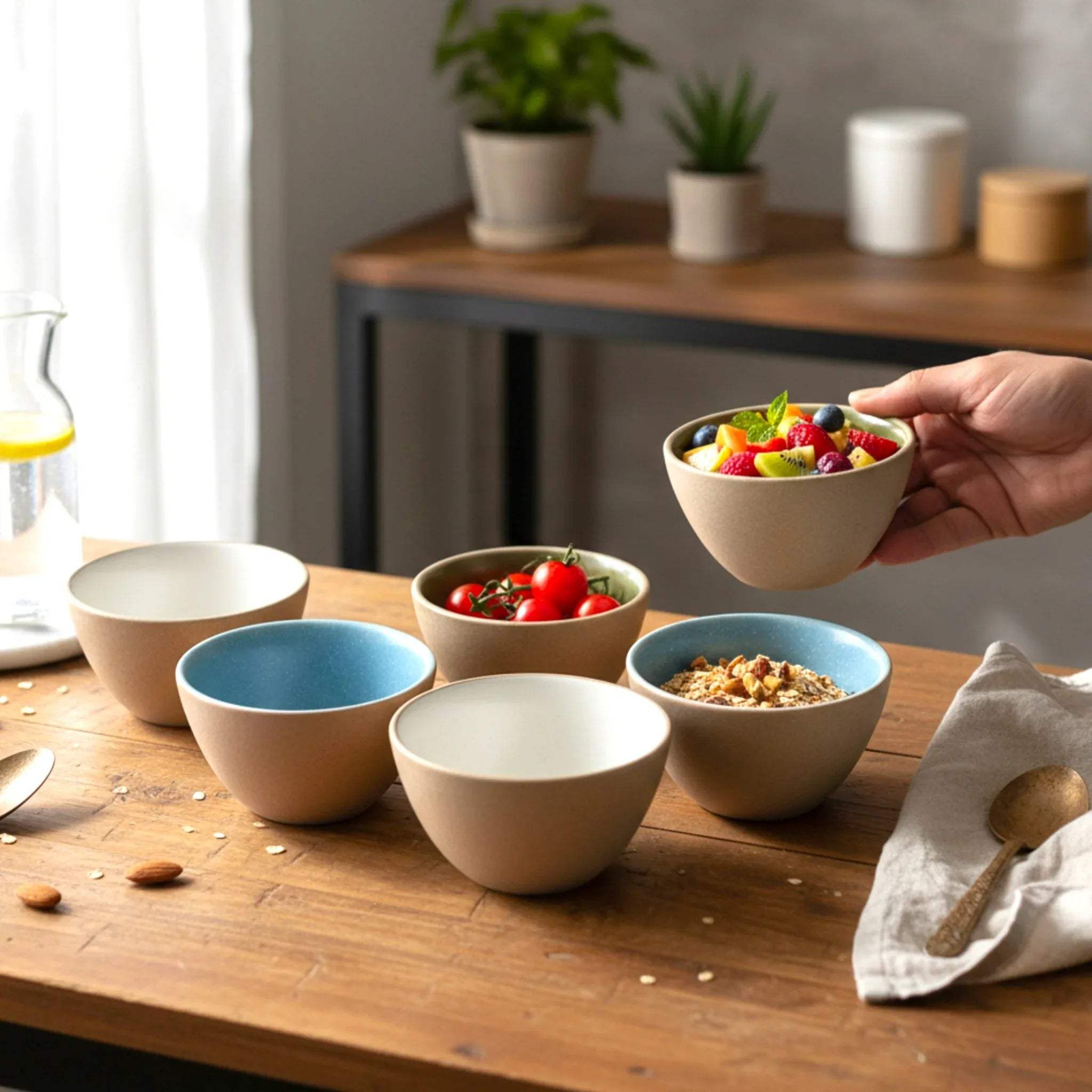 Tide Bowl held in hand; compact size for individual portions of nuts, chutneys, or tapas-style serving.