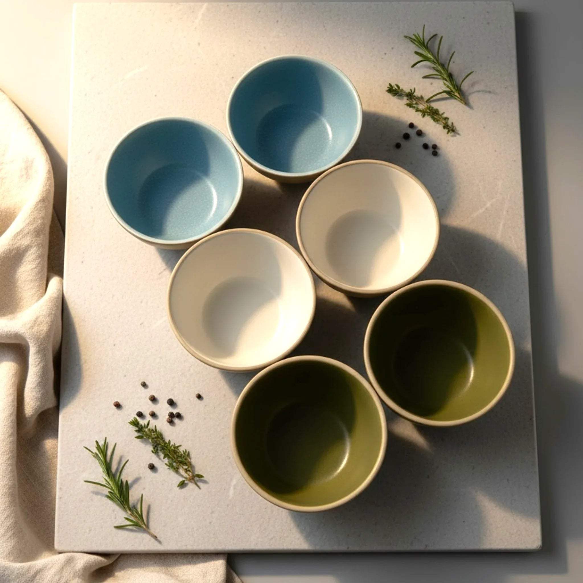Rustic Stone Forest River Tide Bowls; set of 6 blue, white and green ceramic bowls for aesthetic hosting.