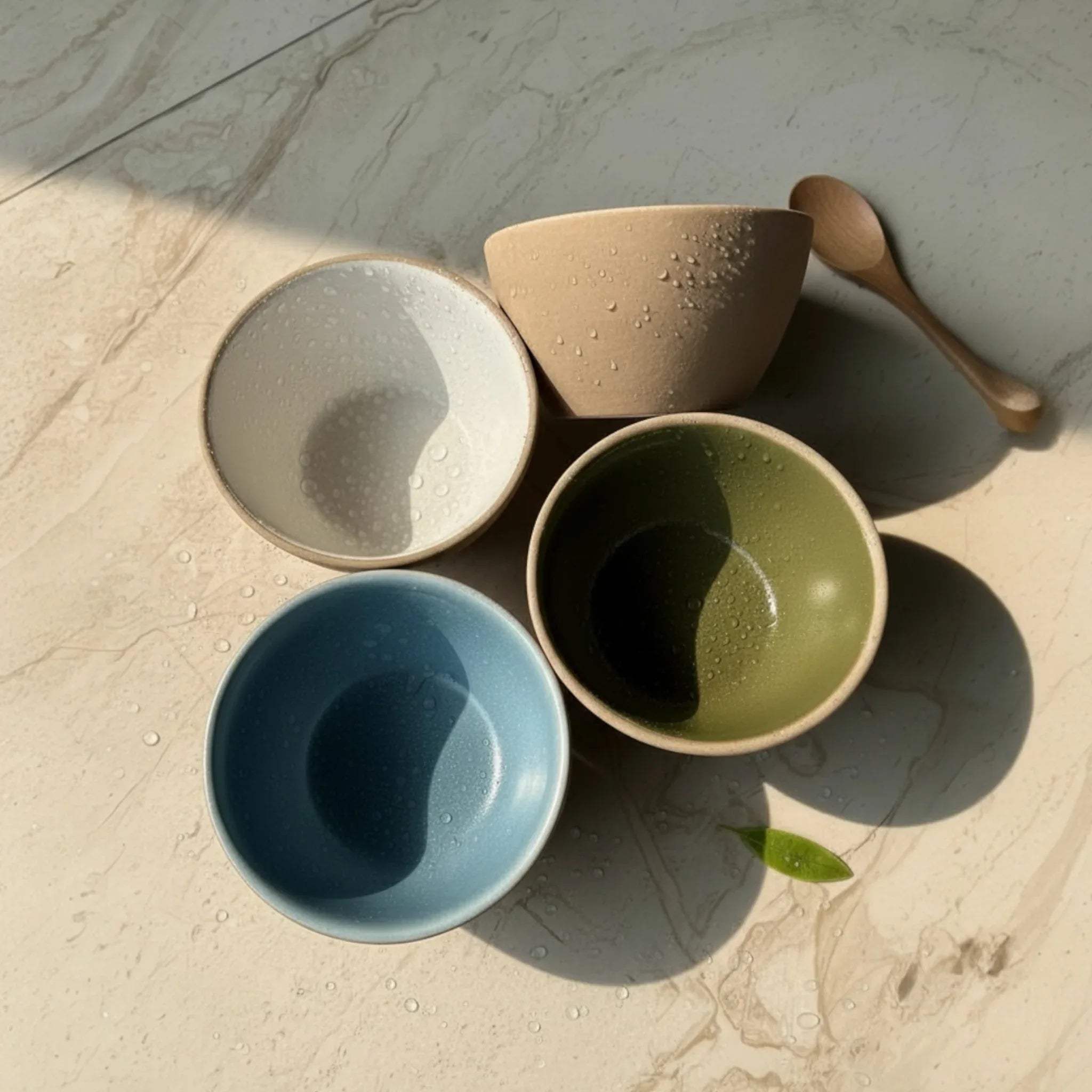 Reactive tide glaze texture; deep forest green, river blue and white pottery finish with handcrafted ceramic details.
