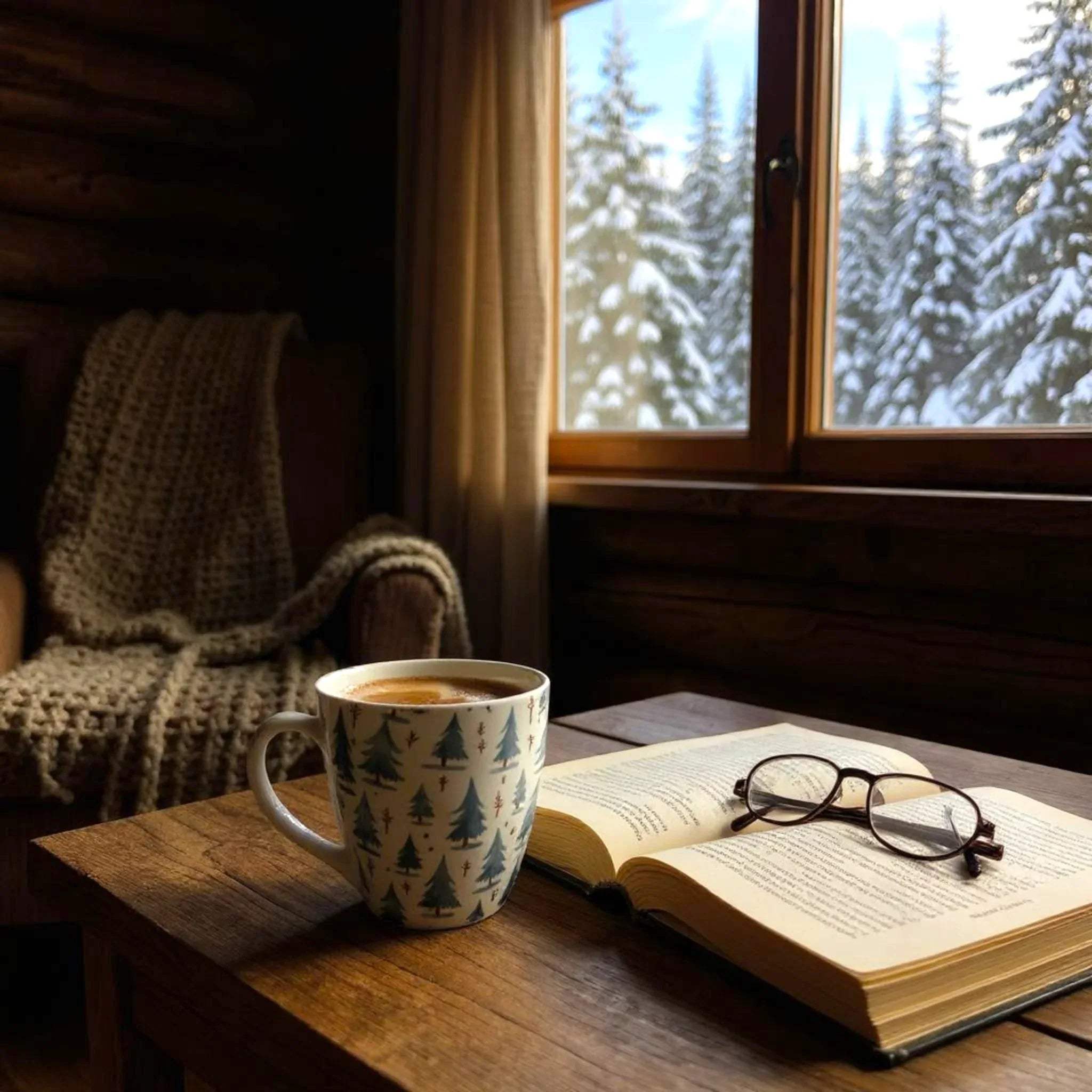 Rustic Stone Frosted Pines Mugs; set of 2 white ceramic coffee mugs with pine tree motifs for cozy mornings.