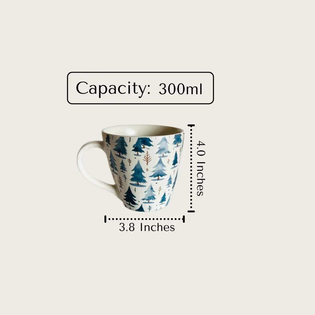 Frosted Pines size; 4-inch tall ceramic mug with an ergonomic handle for a comfortable, warm hold.