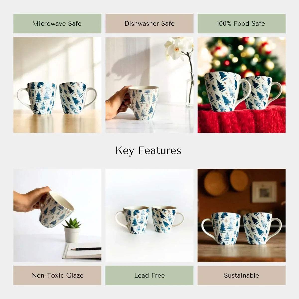 Rustic Stone quality; microwave safe, dishwasher safe, and lead-free handcrafted winter ceramic mugs.