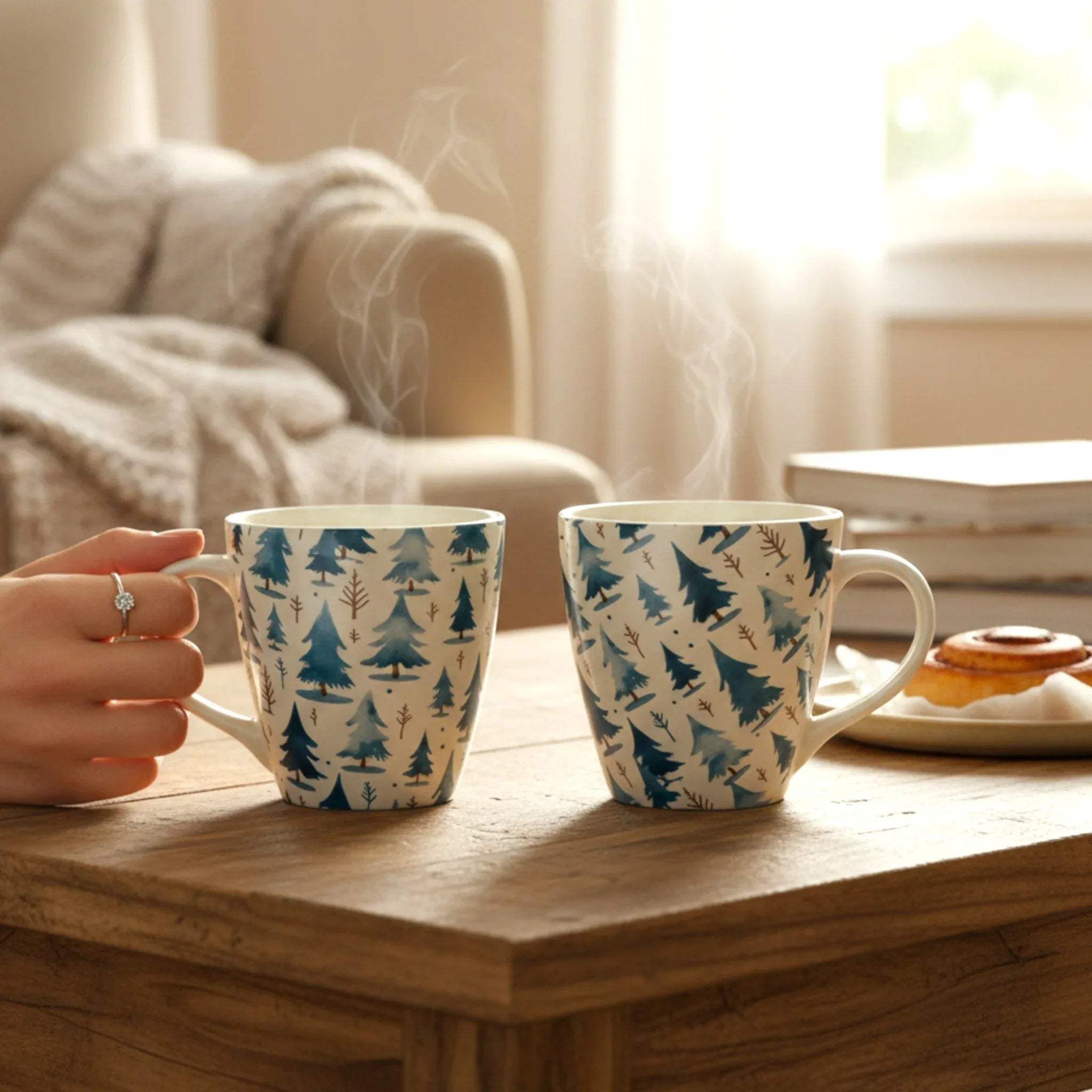 Hands holding Frosted Pines Mug; 300ml capacity for large lattes, teas, or creamy hot chocolate.